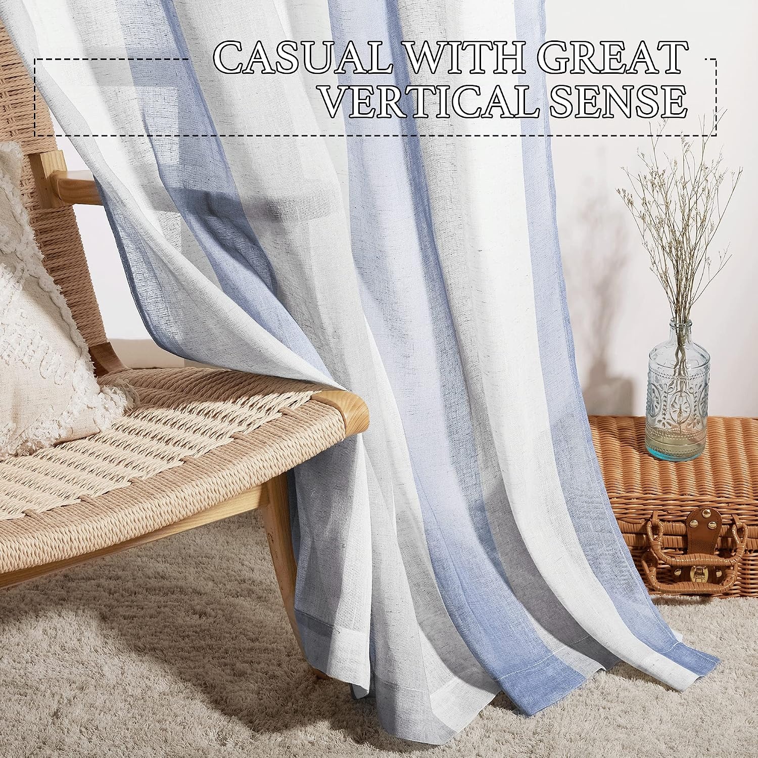image:imageNICETOWN Sheer Window Curtains Linen Textured 84 inches Length for Home Decor Grommet Geometry Pattern Privacy amp Light Balance Flax Sheer Drapes for Living Room W50 x L84 2 Panels NavyWhite Blue