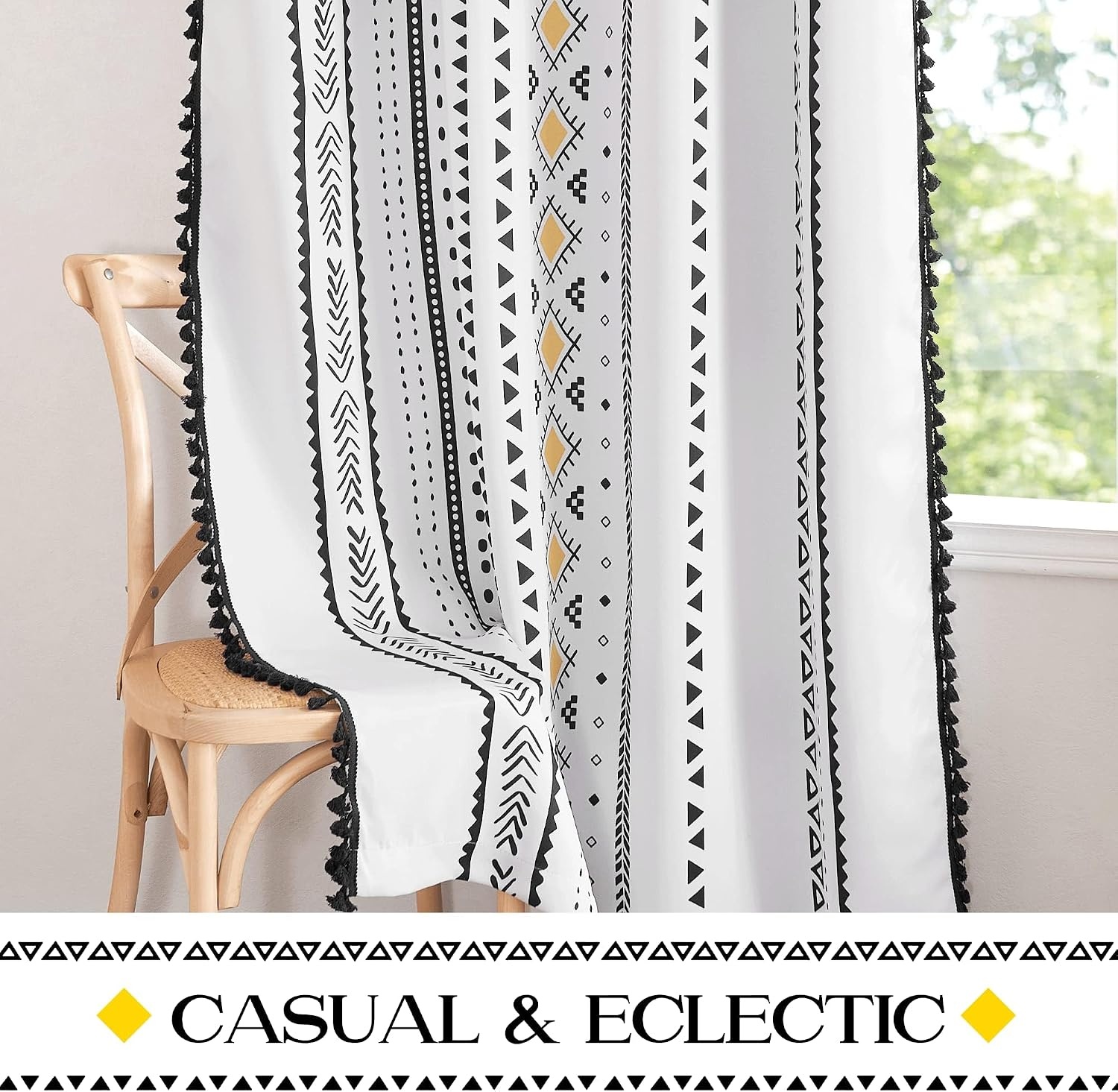 image:imageNICETOWN Sheer Window Curtains Linen Textured 84 inches Length for Home Decor Grommet Geometry Pattern Privacy amp Light Balance Flax Sheer Drapes for Living Room W50 x L84 2 Panels NavyYellow Black