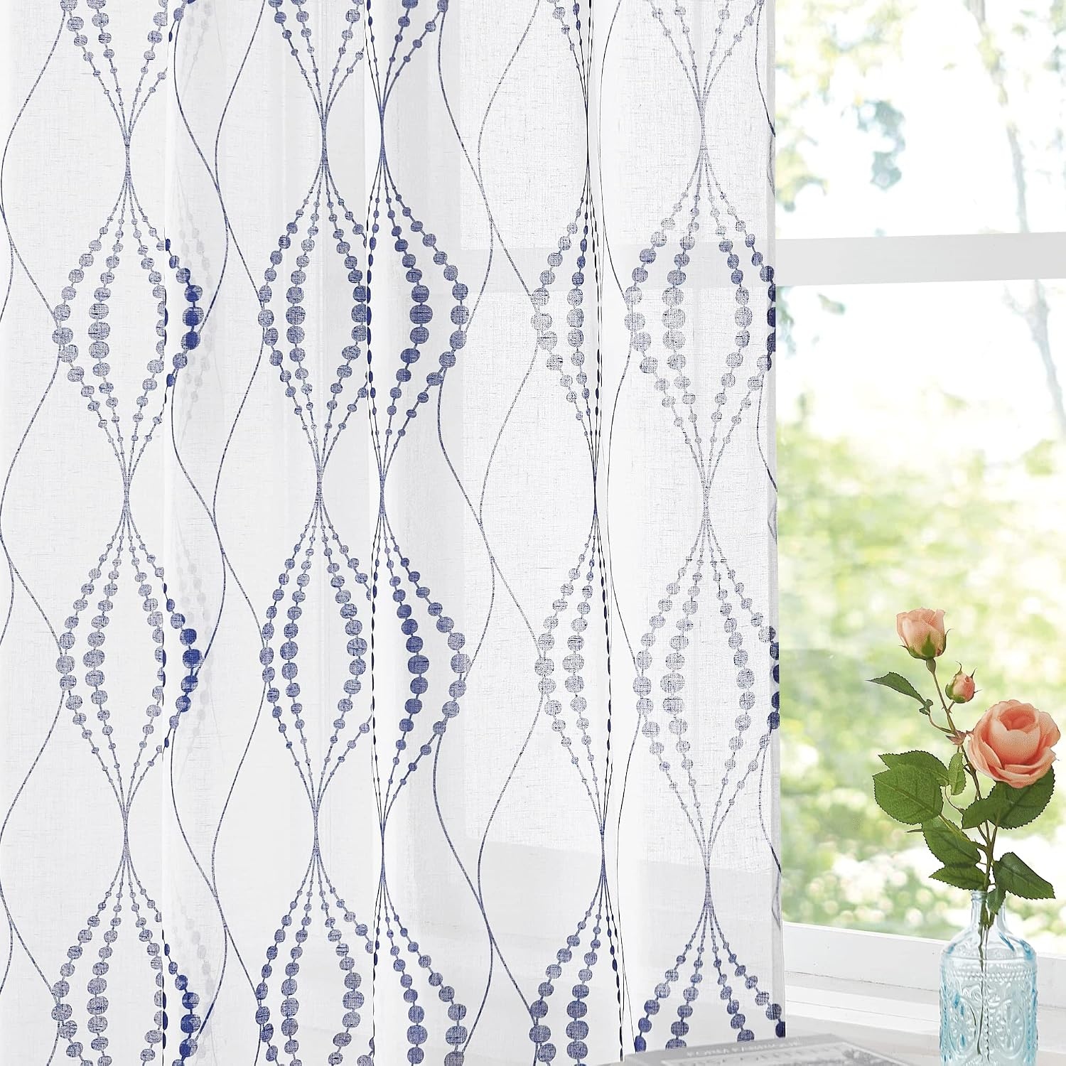 image:imageNICETOWN Sheer Window Curtains Linen Textured 84 inches Length for Home Decor Grommet Geometry Pattern Privacy amp Light Balance Flax Sheer Drapes for Living Room W50 x L84 2 Panels NavyWhite Navy