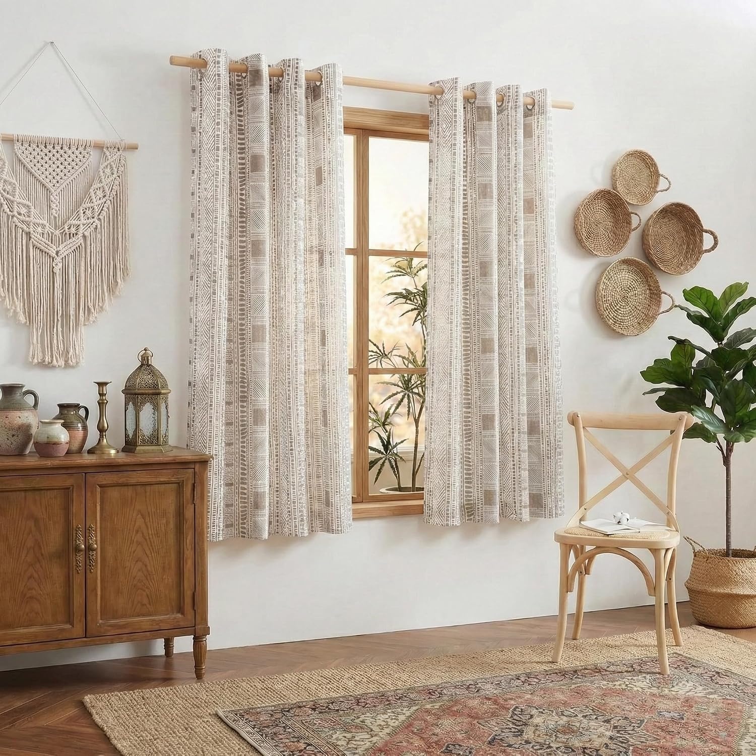 image:imageNICETOWN Sheer Window Curtains Linen Textured 84 inches Length for Home Decor Grommet Geometry Pattern Privacy amp Light Balance Flax Sheer Drapes for Living Room W50 x L84 2 Panels NavyTaupe