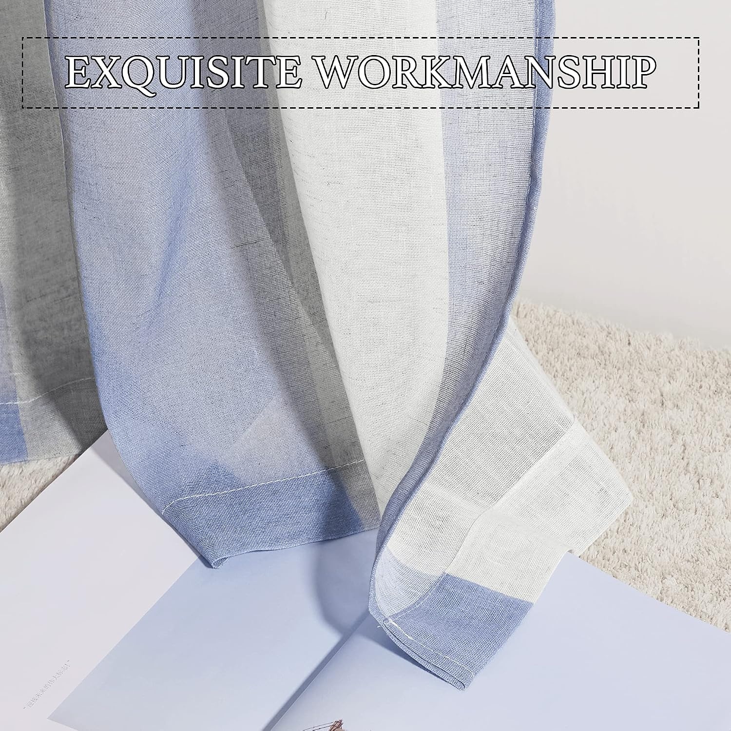 image:imageNICETOWN Sheer Window Curtains Linen Textured 84 inches Length for Home Decor Grommet Geometry Pattern Privacy amp Light Balance Flax Sheer Drapes for Living Room W50 x L84 2 Panels NavyWhite Blue