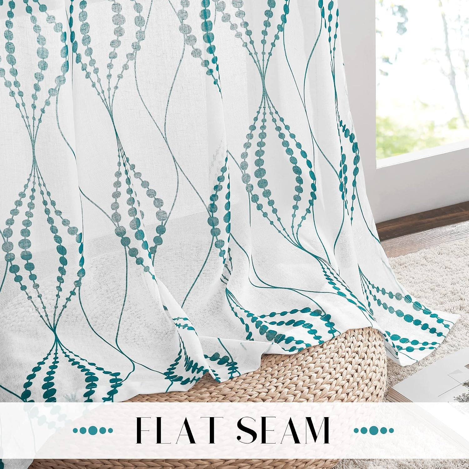 image:imageNICETOWN Sheer Window Curtains Linen Textured 84 inches Length for Home Decor Grommet Geometry Pattern Privacy amp Light Balance Flax Sheer Drapes for Living Room W50 x L84 2 Panels NavyWhite Teal