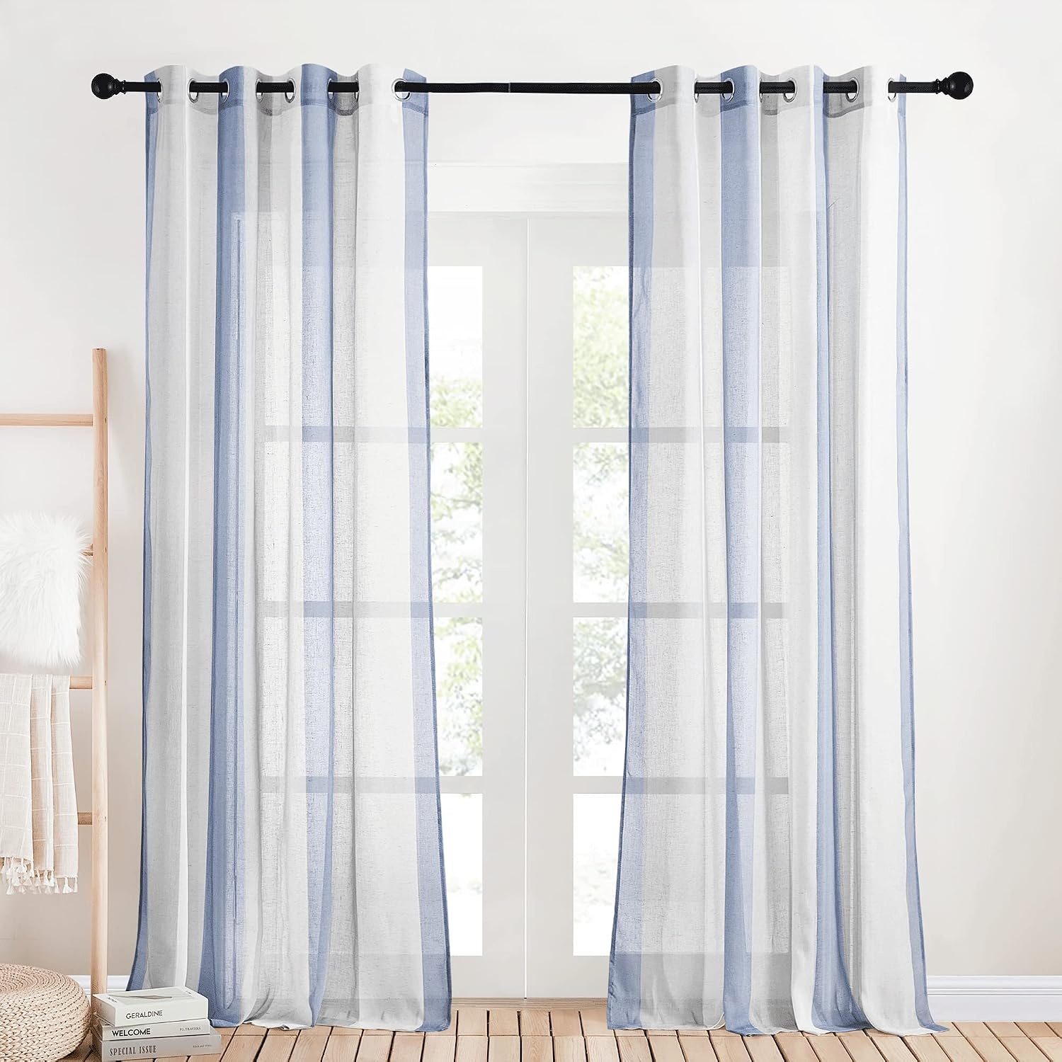 image:imageNICETOWN Sheer Window Curtains Linen Textured 84 inches Length for Home Decor Grommet Geometry Pattern Privacy amp Light Balance Flax Sheer Drapes for Living Room W50 x L84 2 Panels NavyWhite Blue