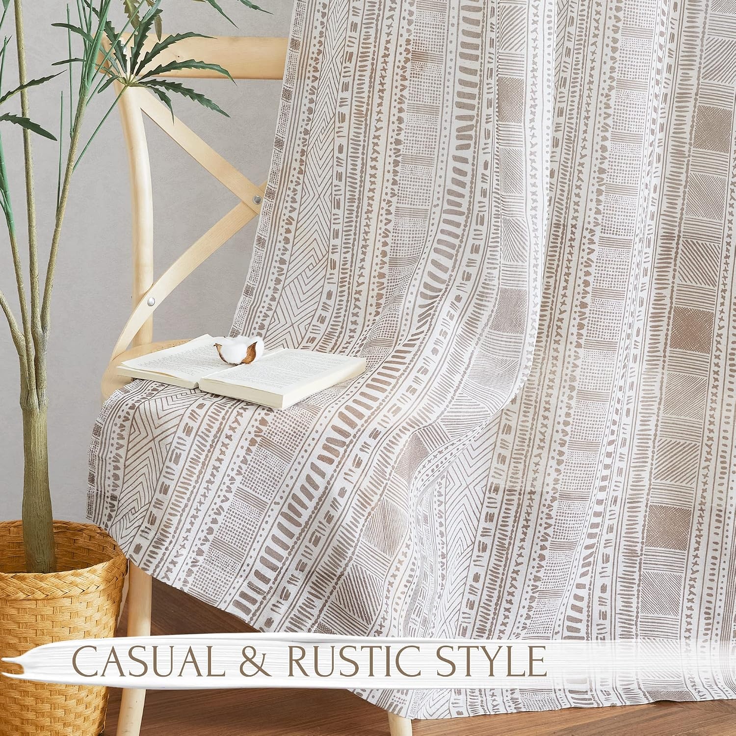 image:imageNICETOWN Sheer Window Curtains Linen Textured 84 inches Length for Home Decor Grommet Geometry Pattern Privacy amp Light Balance Flax Sheer Drapes for Living Room W50 x L84 2 Panels NavyTaupe