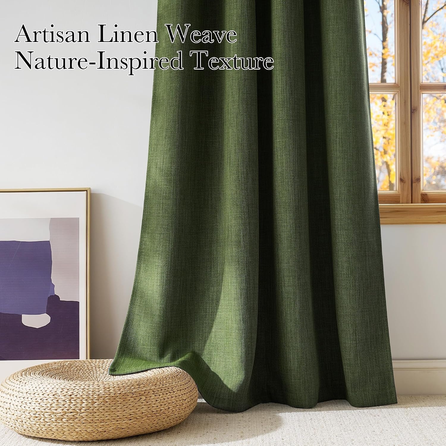 image:imageNICETOWN Short Faux Linen Froest Green Blackout Curtains 63 inches Long