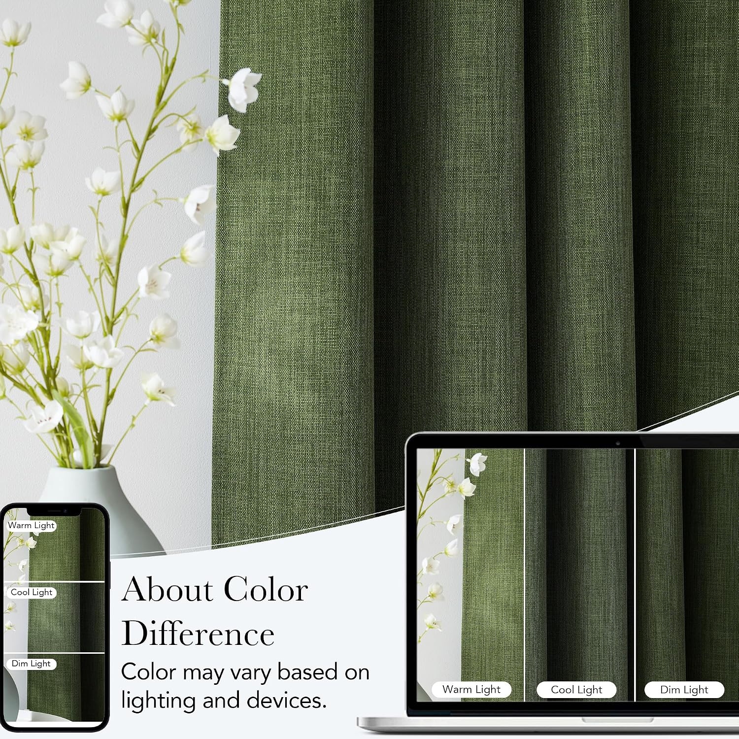 image:imageNICETOWN Short Faux Linen Froest Green Blackout Curtains 63 inches Long