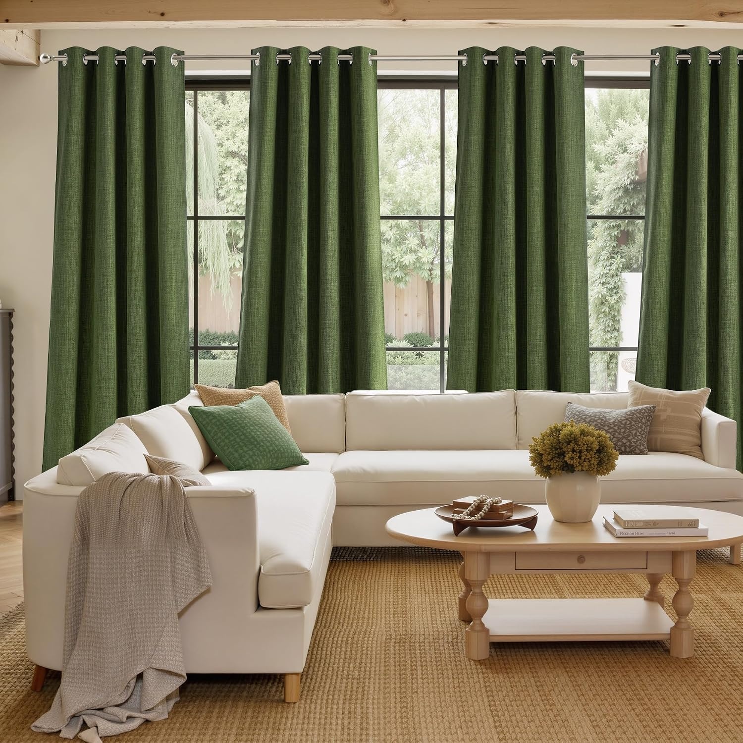 image:imageNICETOWN Short Faux Linen Froest Green Blackout Curtains 63 inches Long