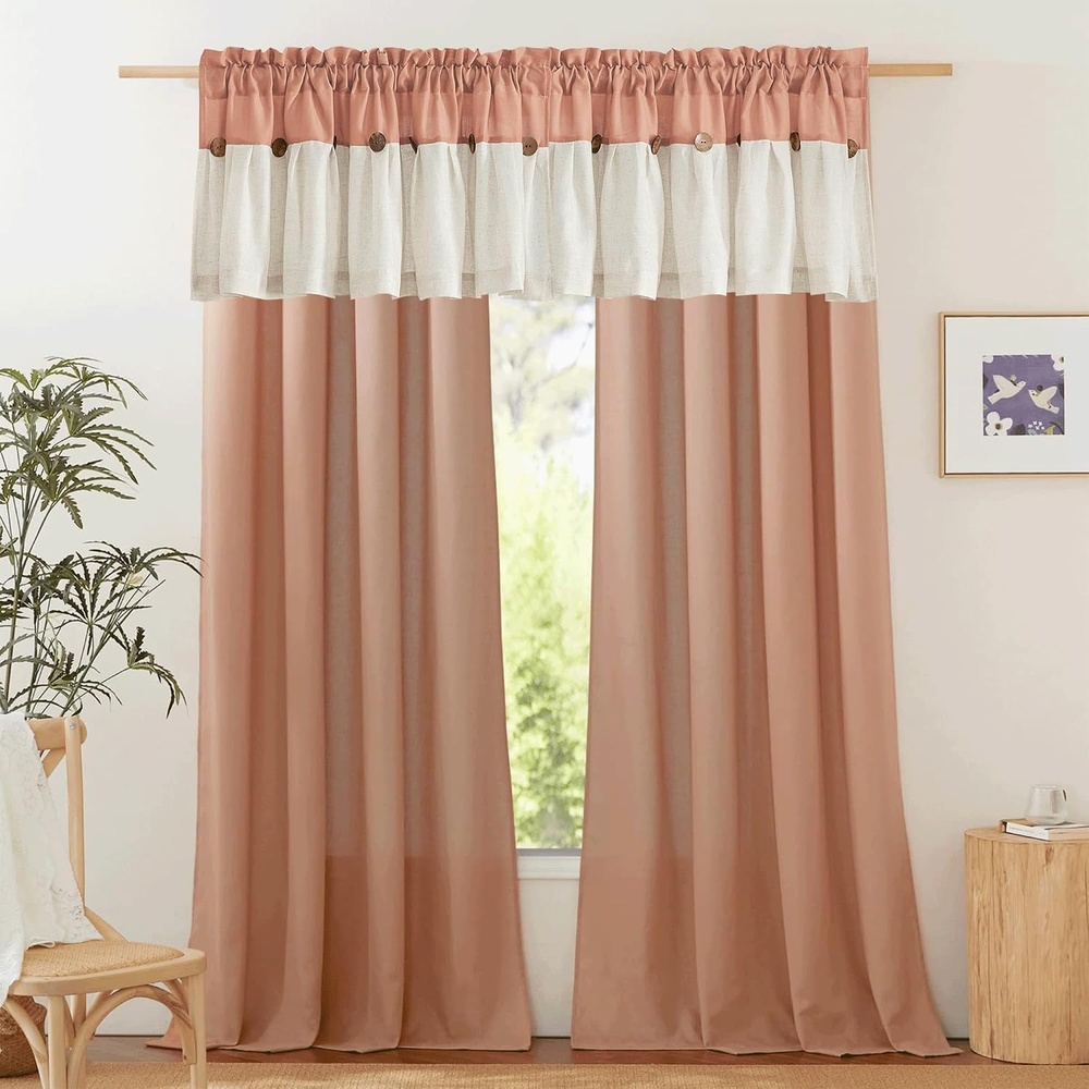 image:imageNICETOWN 2 Panles 55 x 84 inches Long Grommet Thick Linen Window Curtains with 2 Panles 55 x 18 inches Length Button Farmhouse Short Valances for Bedroom Living Room Decor Terracotta