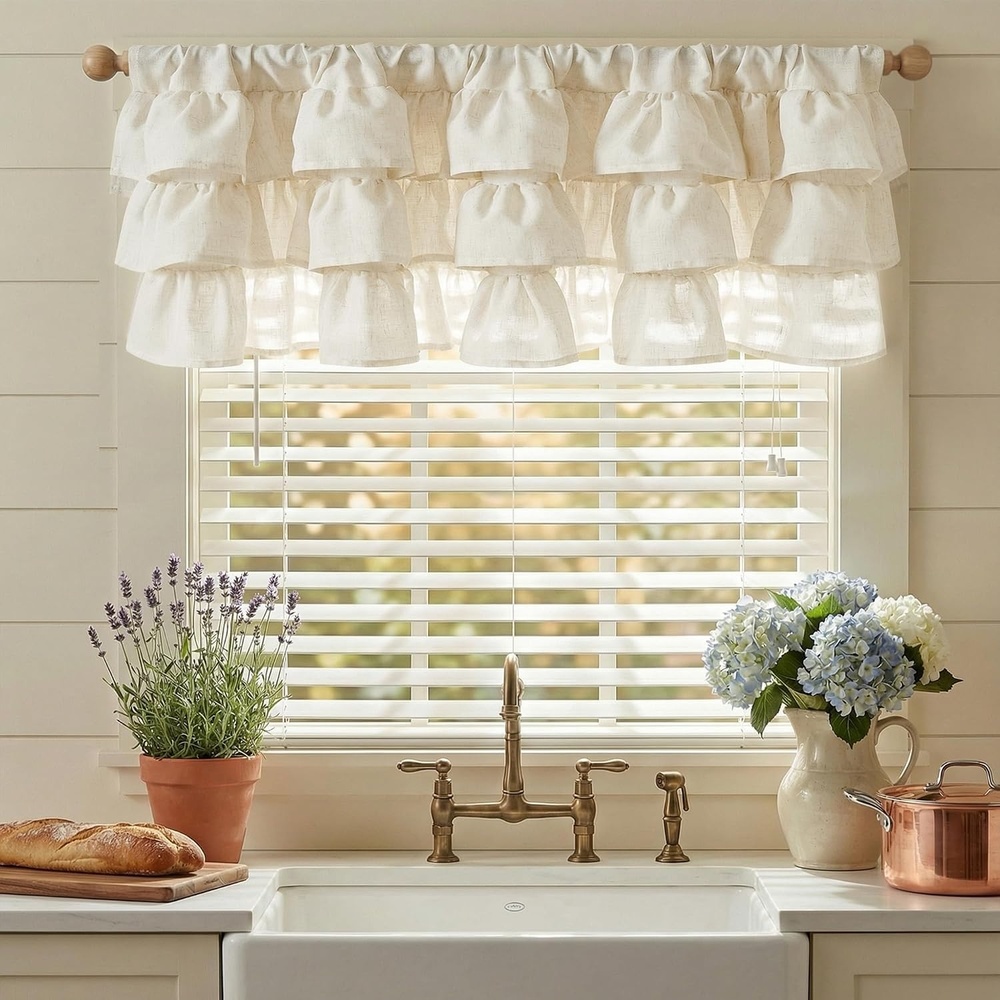 image:imageNICETOWN Farmhouse Valance Curtains 20 Inches Long for Kitchen amp Bathroom French Country Ruffled Linen Valance for Window Shabby Chic Light Filtering Rod Pocket Design 52 WLinen