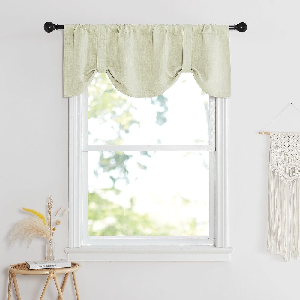 image:imageNICETOWN Faux Linen Texture Tie Up Valance Curtain for Kitchen Sink Over Elegant Rod Pocket Farmhouse Short Curtains Topper for Living Room and Bedroom 52 W X 18 L Angora 1 PanelBeige