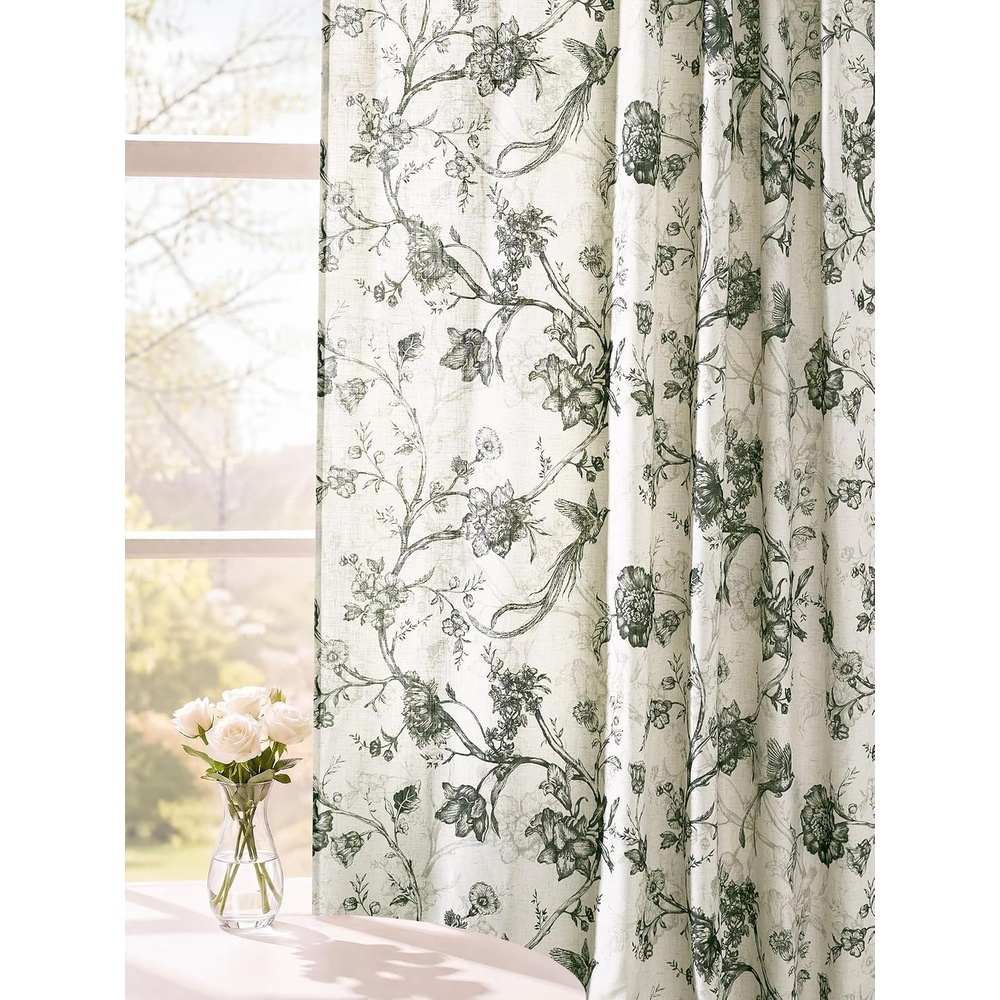image:imageNICETOWN Green Linen Vintage Floral Curtains for Farmhouse 84 inch LongToile De Jouy Green