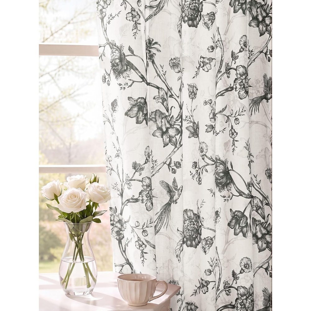 image:imageNICETOWN Green Linen Vintage Floral Curtains for Farmhouse 84 inch LongToile De Jouy Grey