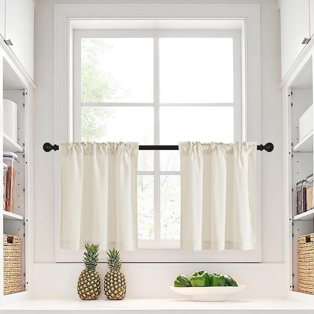 image:imageNICETOWN Kitchen Curtains 24 Inch Linen Textured Tiers Farmhouse CafeNatural