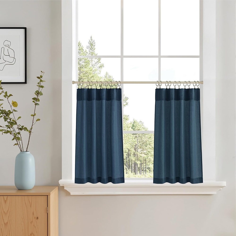 image:imageNICETOWN Kitchen Curtains 24 Inch Linen Textured Tiers Farmhouse CafeNavy Blue