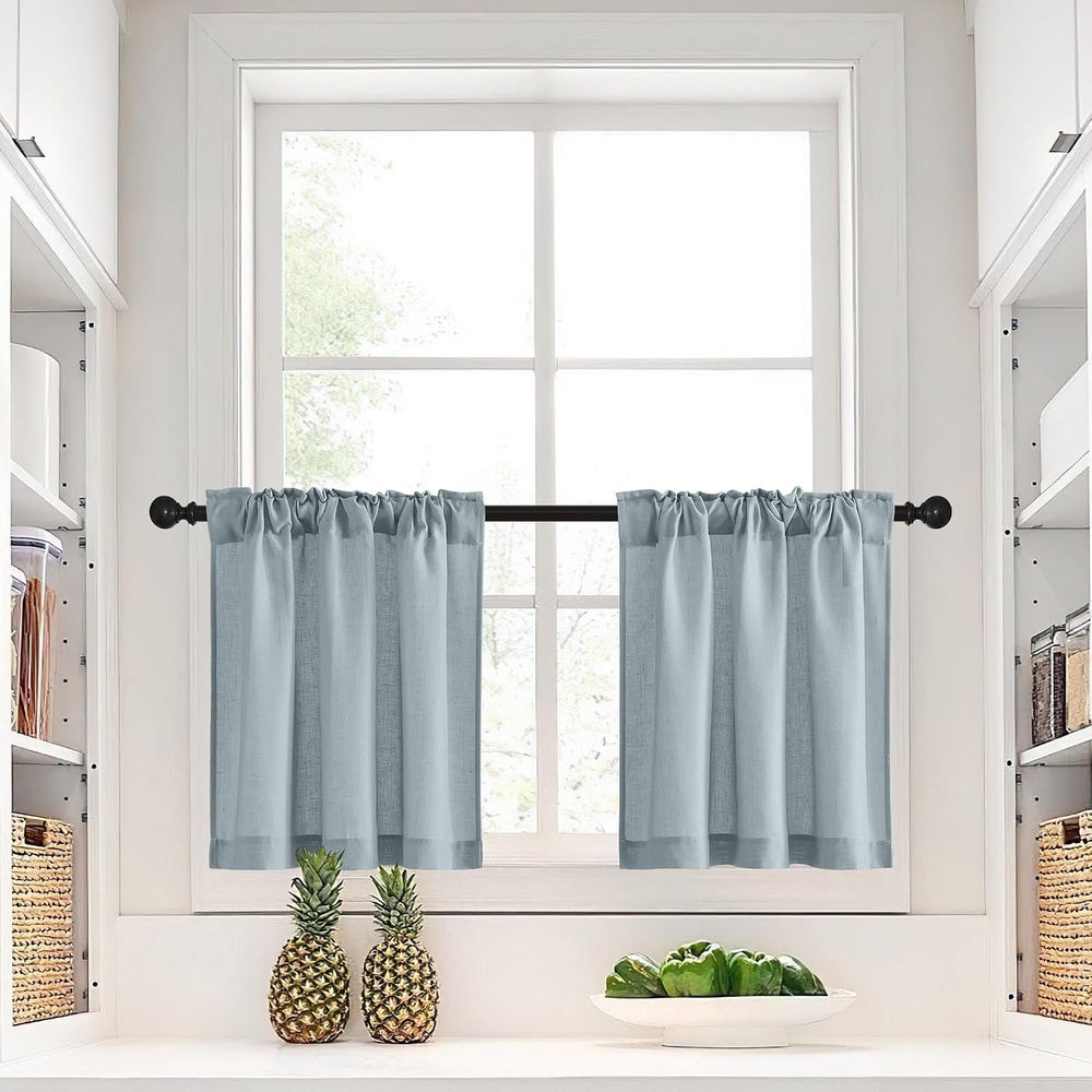 image:imageNICETOWN Kitchen Curtains 24 Inch Linen Textured Tiers Farmhouse CafeStone Blue