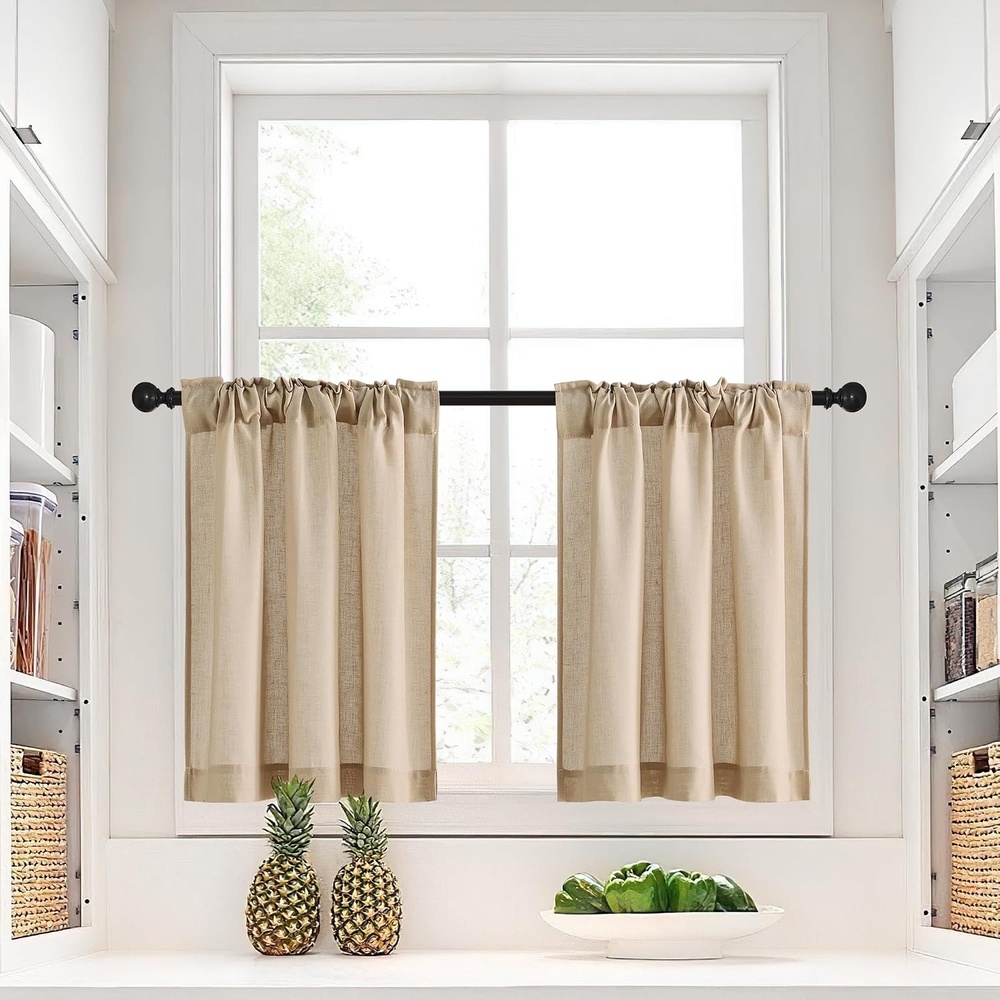 image:imageNICETOWN Kitchen Curtains 24 Inch Linen Textured Tiers Farmhouse CafeTaupe