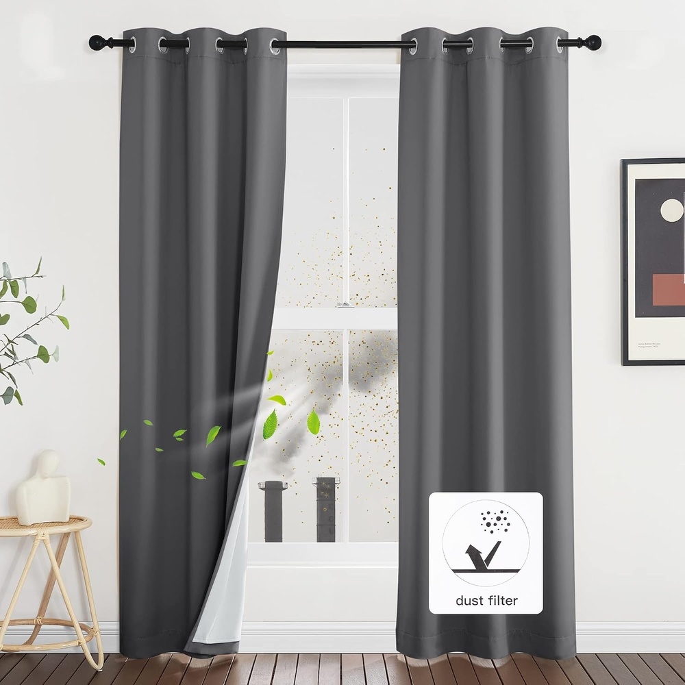 image:imageNICETOWN Living Room Noise Reducing Natural Faux Linen Curtains Privacy Protection amp Completely Shaded Lower PM25 Particles Drapes Lined Insulated Window Treatment Panels 2 Pieces W52 x L84Dust Filter Grommet Grey
