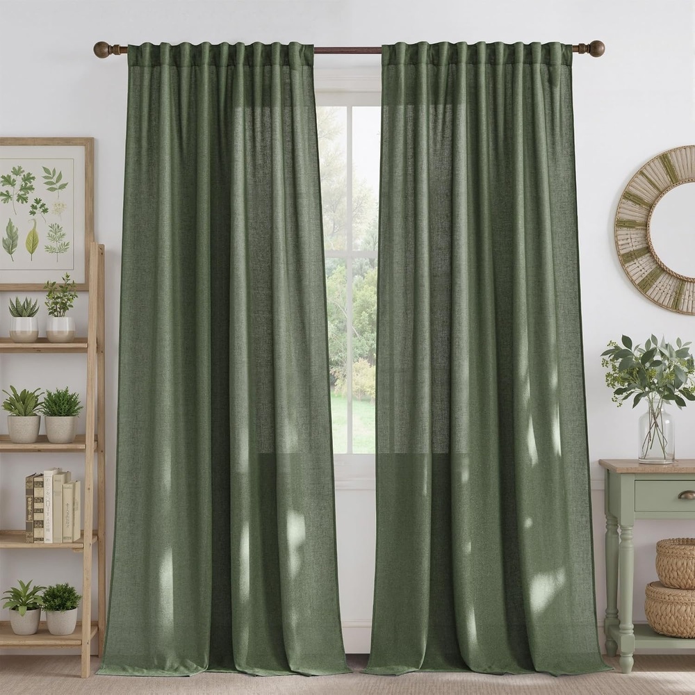 image:imageNICETOWN Natural Linen Curtains for Bedroom Back Tab amp Rod Pocket with Pleat Tab Privacy Added Curtains amp Drapes with Light Filtering Window Treatments for Living Room W52 x L95 2 PanelsForest Green