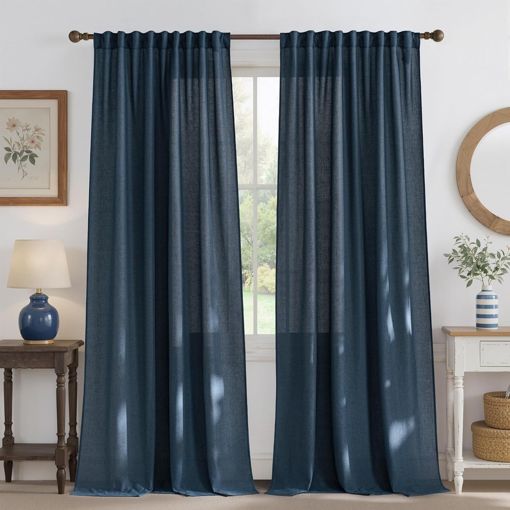 image:imageNICETOWN Natural Linen Curtains for Bedroom Back Tab amp Rod Pocket with Pleat Tab Privacy Added Curtains amp Drapes with Light Filtering Window Treatments for Living Room W52 x L95 2 PanelsNavy Blue