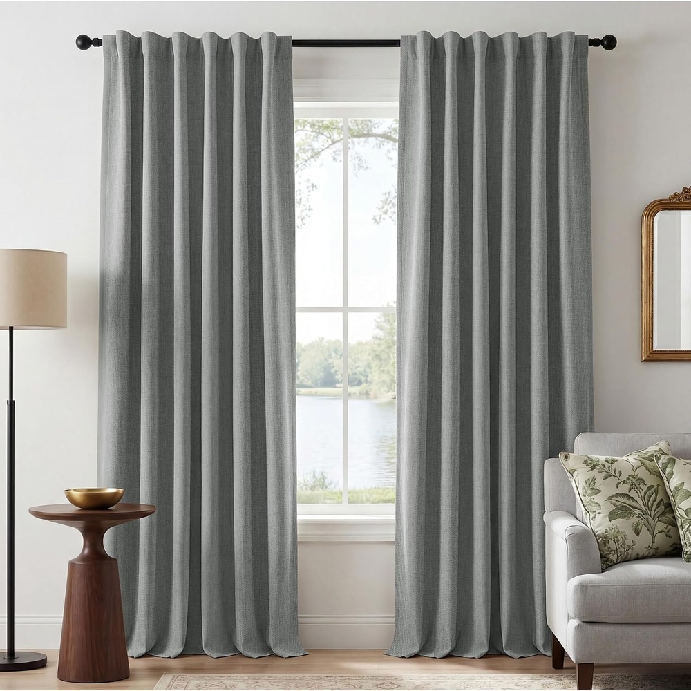image:imageNICETOWN ScratchProof 100 Blackout Beige 108 inch Curtains HighDensity Linen Blend Window Treatments Rod Pocket amp Back Tab Thermal Drapes for Living Room W52 x L108 2 PanelsGrey