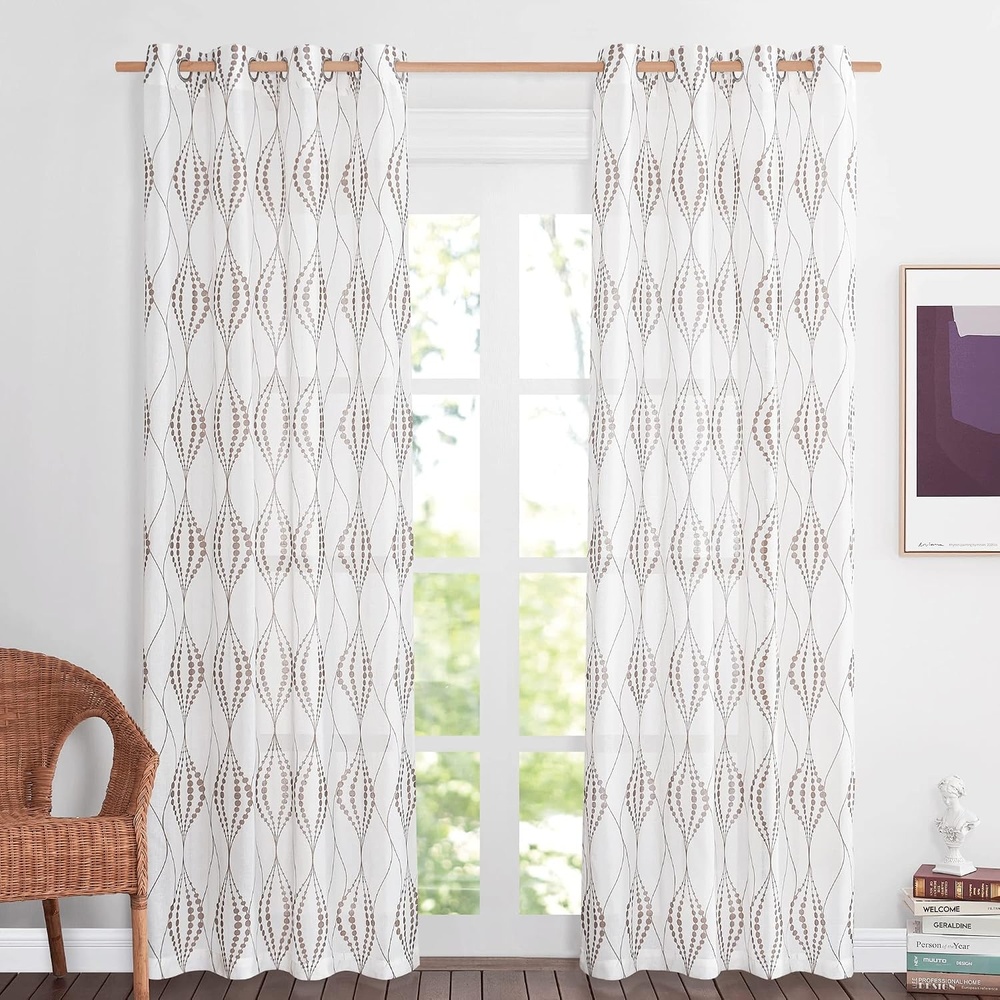 image:imageNICETOWN Sheer Window Curtains Linen Textured 84 inches Length for Home Decor Grommet Geometry Pattern Privacy amp Light Balance Flax Sheer Drapes for Living Room W50 x L84 2 Panels NavyWhite Tan