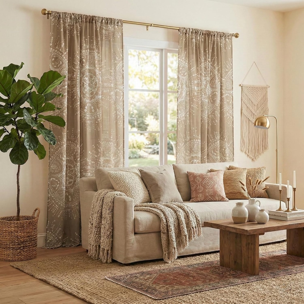 image:imageNICETOWN Sheer Window Curtains Linen Textured 84 inches Length for Home Decor Grommet Geometry Pattern Privacy amp Light Balance Flax Sheer Drapes for Living Room W50 x L84 2 Panels NavyBrown