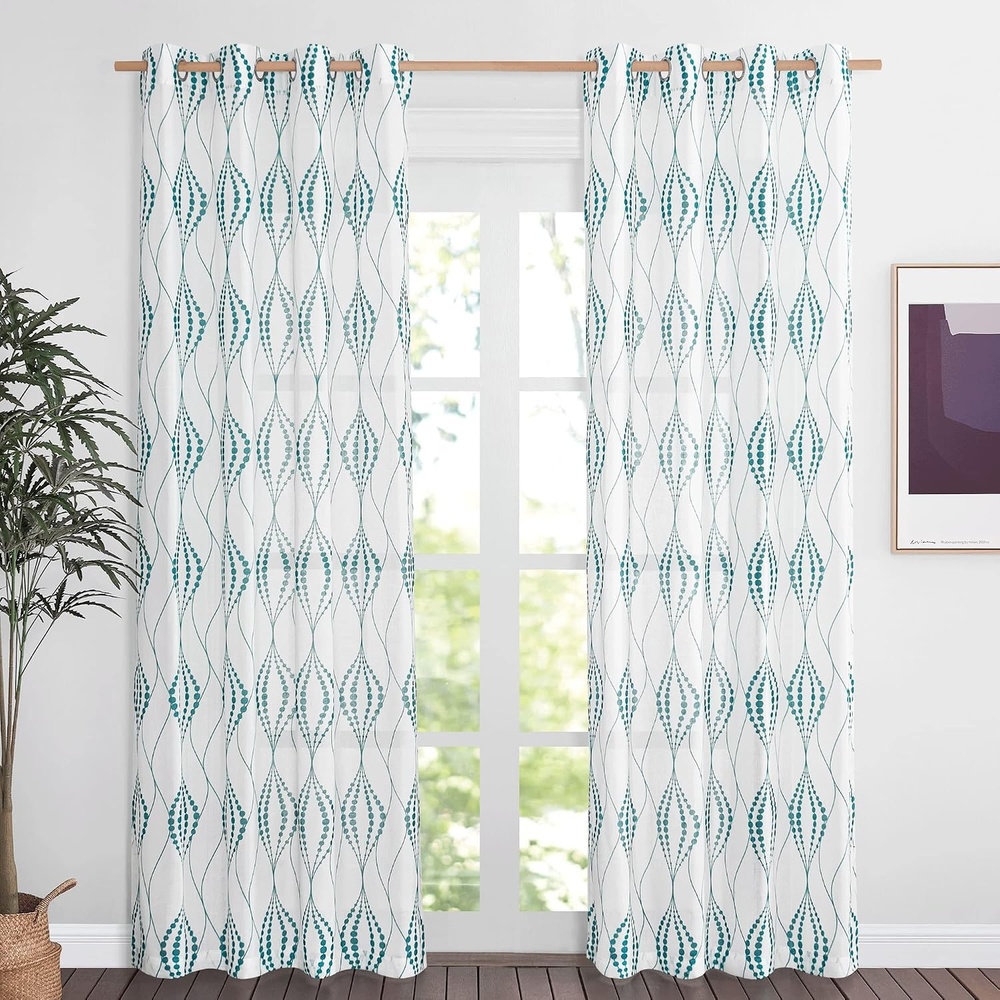 image:imageNICETOWN Sheer Window Curtains Linen Textured 84 inches Length for Home Decor Grommet Geometry Pattern Privacy amp Light Balance Flax Sheer Drapes for Living Room W50 x L84 2 Panels NavyWhite Teal