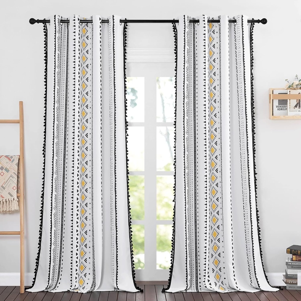 image:imageNICETOWN Sheer Window Curtains Linen Textured 84 inches Length for Home Decor Grommet Geometry Pattern Privacy amp Light Balance Flax Sheer Drapes for Living Room W50 x L84 2 Panels NavyYellow  Black