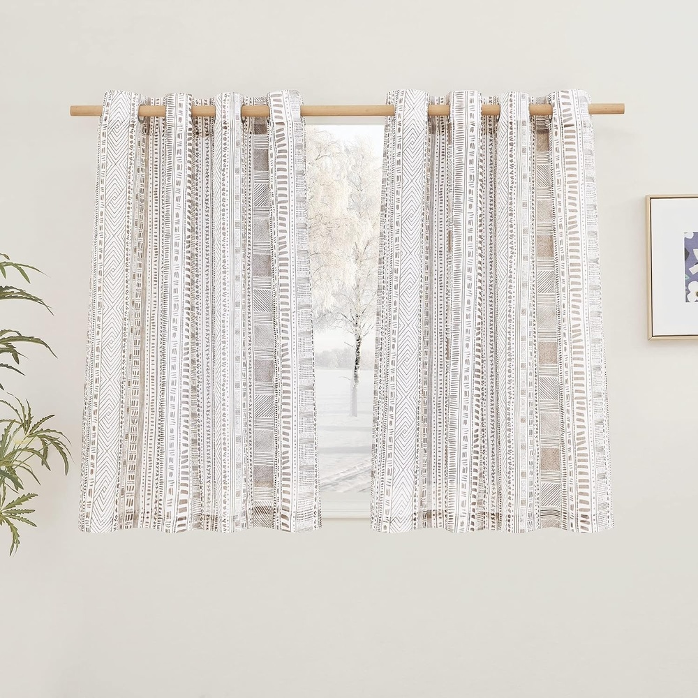 image:imageNICETOWN Sheer Window Curtains Linen Textured 84 inches Length for Home Decor Grommet Geometry Pattern Privacy amp Light Balance Flax Sheer Drapes for Living Room W50 x L84 2 Panels NavyTaupe