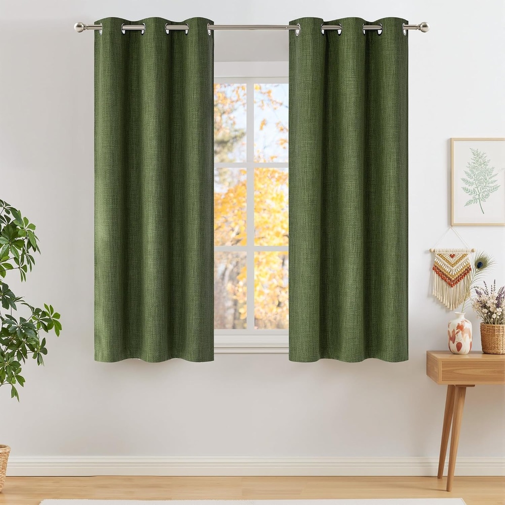 image:imageNICETOWN Short Faux Linen Froest Green Blackout Curtains 63 inches Long