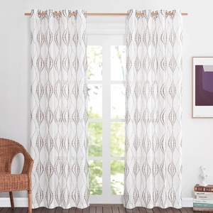 NICETOWN Sheer Window Curtains Linen Textured 84 inches Length for Home Decor, Grommet Geometry Pattern Privacy & Light Balance Flax Sheer Drapes for Living Room, W50 x L84, 2 Panels, Navy(White & Tan)