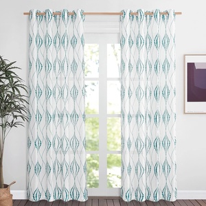 NICETOWN Sheer Window Curtains Linen Textured 84 inches Length for Home Decor, Grommet Geometry Pattern Privacy & Light Balance Flax Sheer Drapes for Living Room, W50 x L84, 2 Panels, Navy(White & Teal)