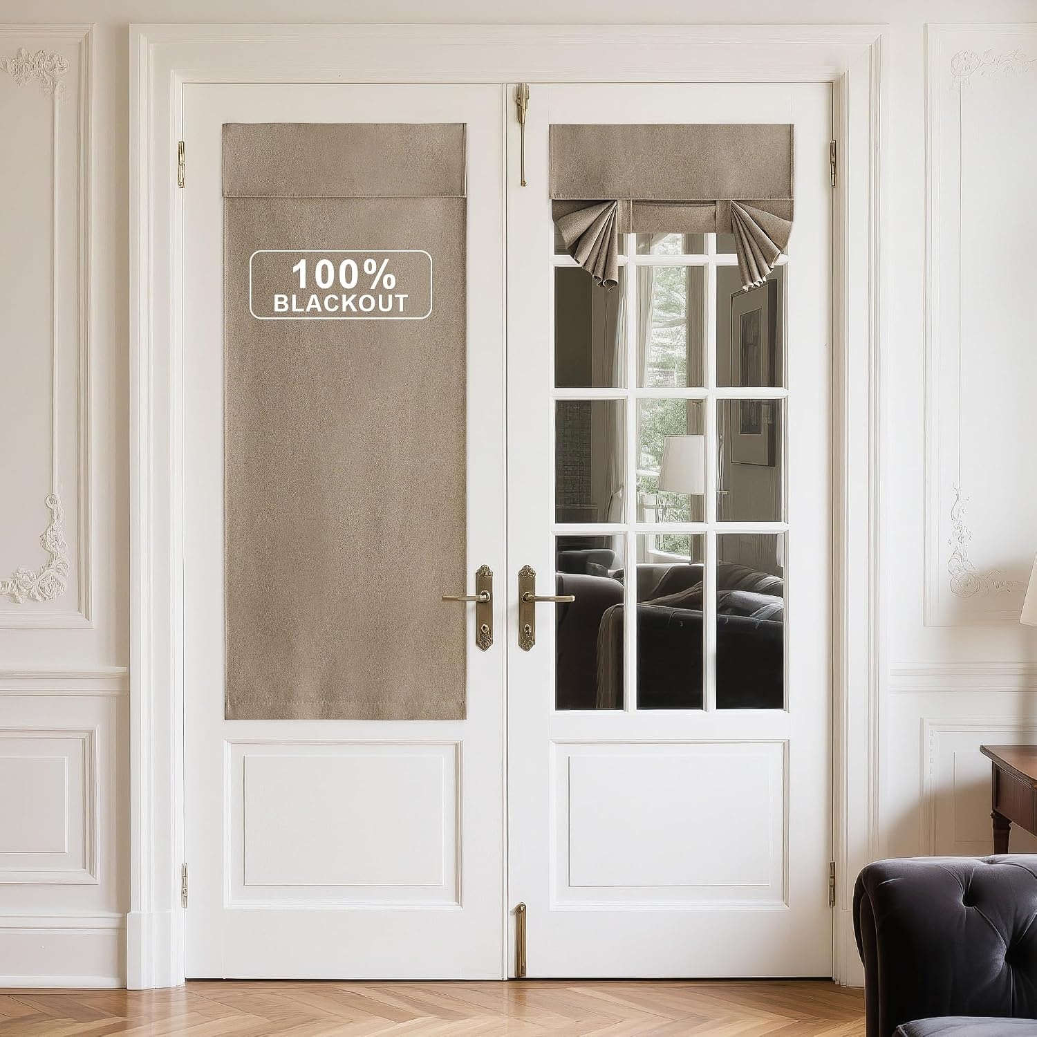 image:imageNICETOWN 100 Linen Blackout Door Curtain 26 W x 69 L Bundle with Self Adhesive Blackout Door Curtain 26 W x 72 L Taupe