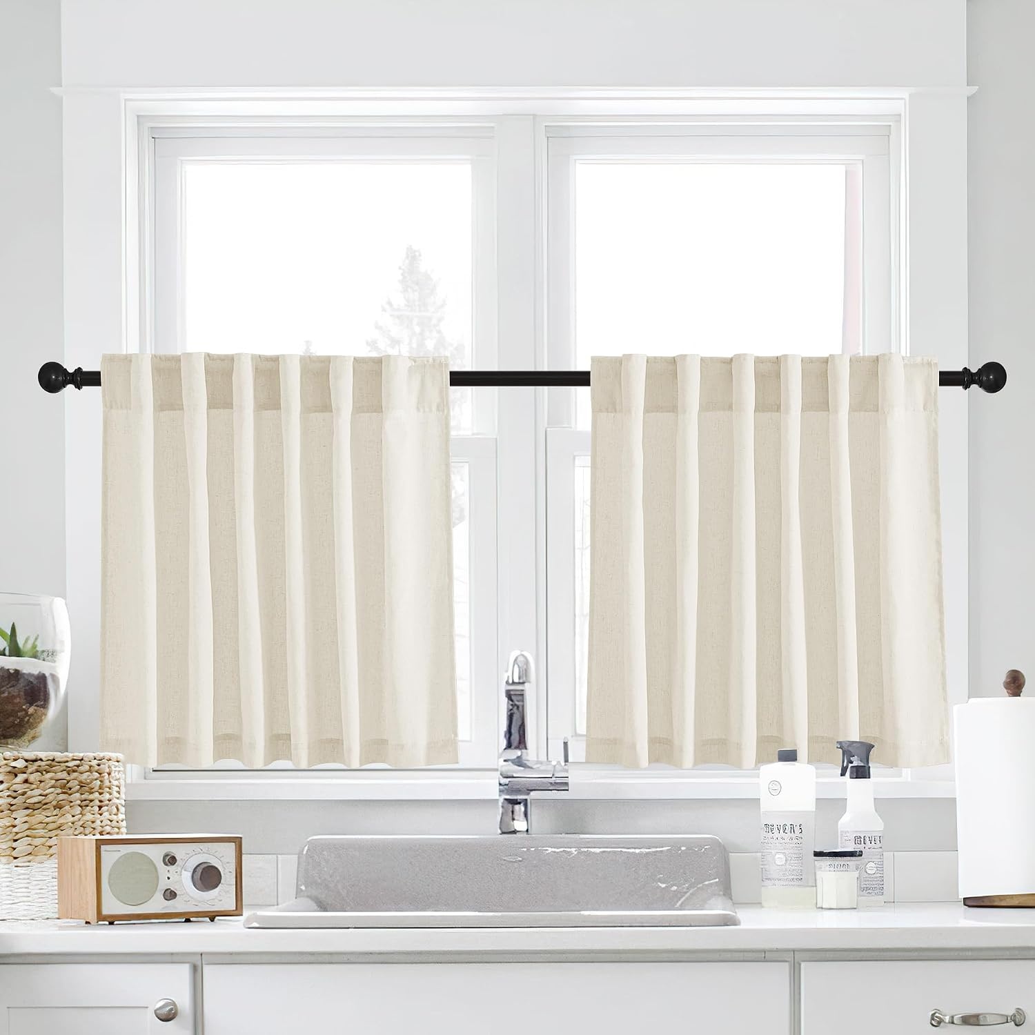 image:imageNICETOWN 2 Panles 55 x 63 Grommet Linen Curtains with 2 Panels 55 x 30 Rod Pocket amp Back Tab Linen Valances for Living Room Bedroom Natural