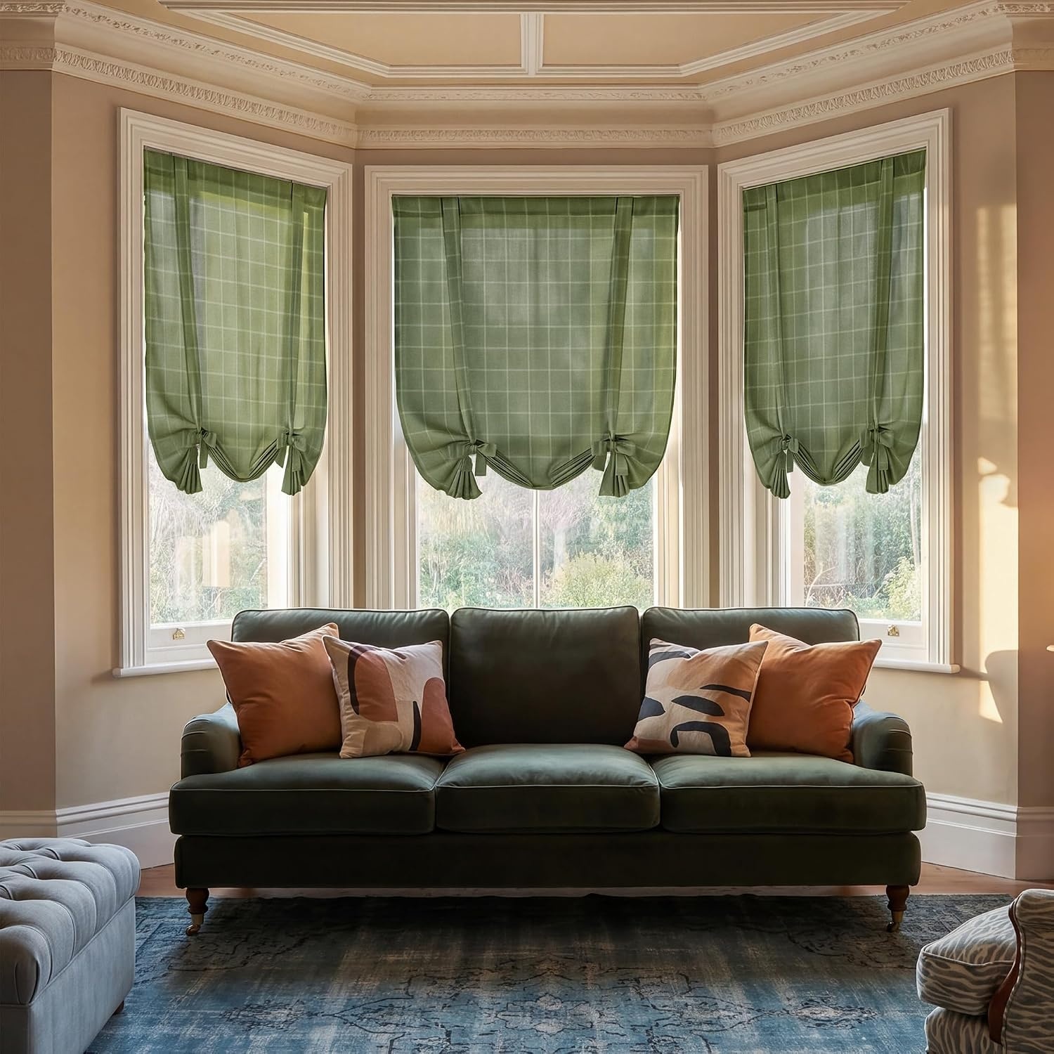 image:imageNICETOWN Balloon Curtains for Windows Plaid Patern Linen Blend Roman Shades W46 x L63 in Vintage Farmhouse Style Kitchen Curtains Length Adjustable Tie up Curtains for Bathroom 1 Panel TaupeTwill Check Green
