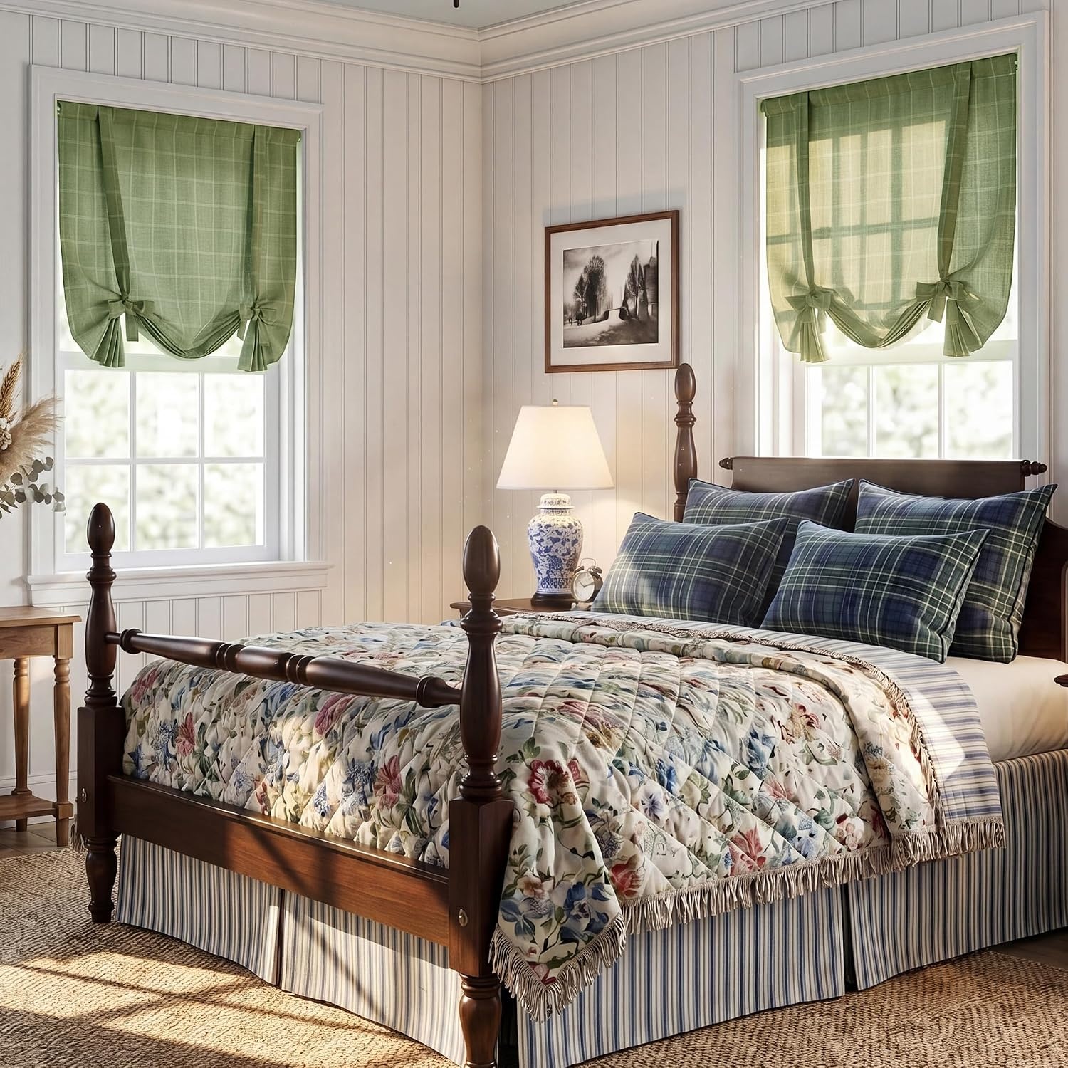 image:imageNICETOWN Balloon Curtains for Windows Plaid Patern Linen Blend Roman Shades W46 x L63 in Vintage Farmhouse Style Kitchen Curtains Length Adjustable Tie up Curtains for Bathroom 1 Panel TaupeTwill Check Green