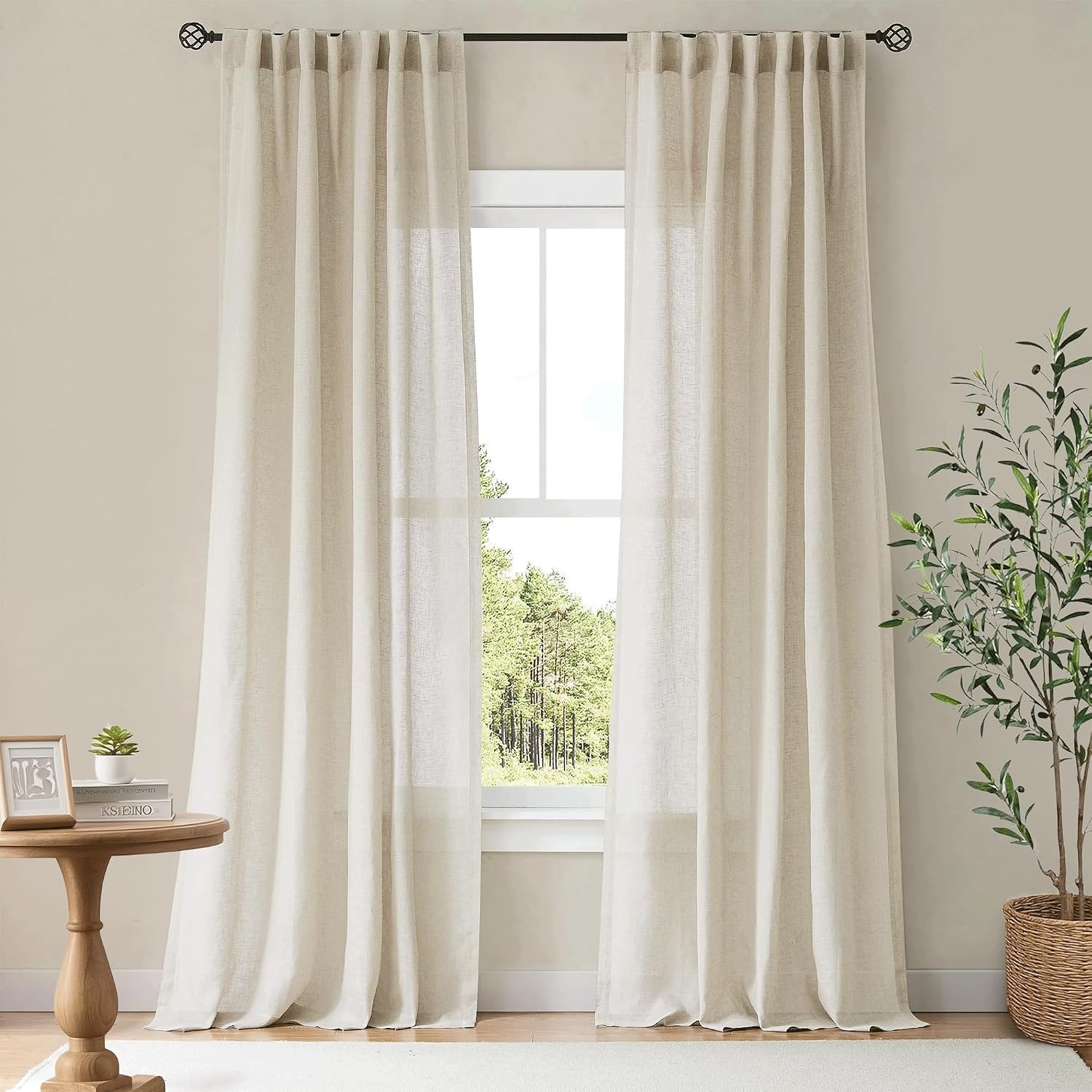 image:imageNICETOWN Curtain 55x84 Natural 2 Panels Linen Semi Sheer CurtainsCurtain Rod Set 4886 Adjustable 1 Diameter Satin Nickel