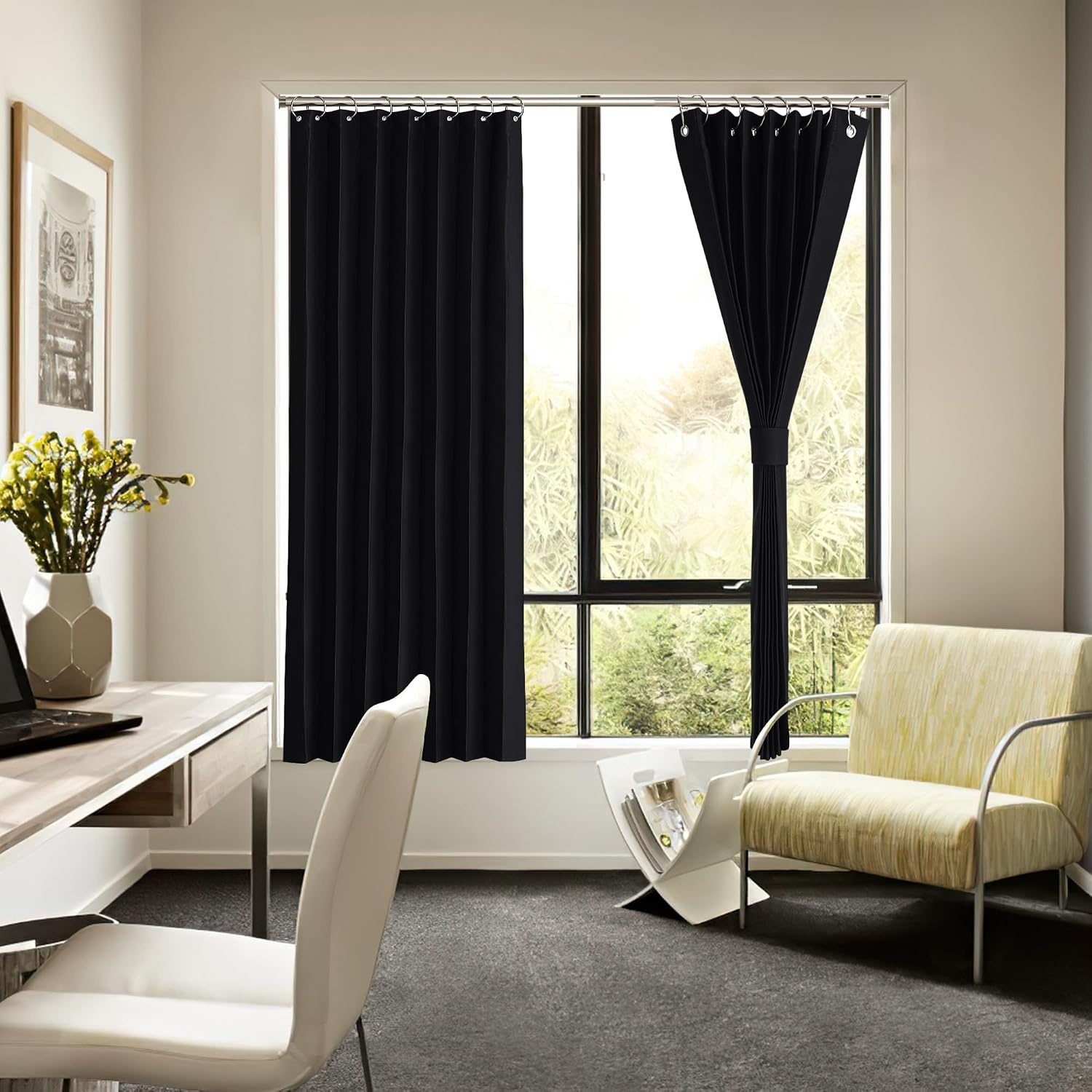 image:imageNICETOWN Linen Curtains for Bedroom Living Room Sheer Door Curtains amp Drapes 80 inches Length for Doorway Farmhouse Country Accordion Style Curtain for Sliding Glass Door 38 Wide Angora 1 PanelBlack