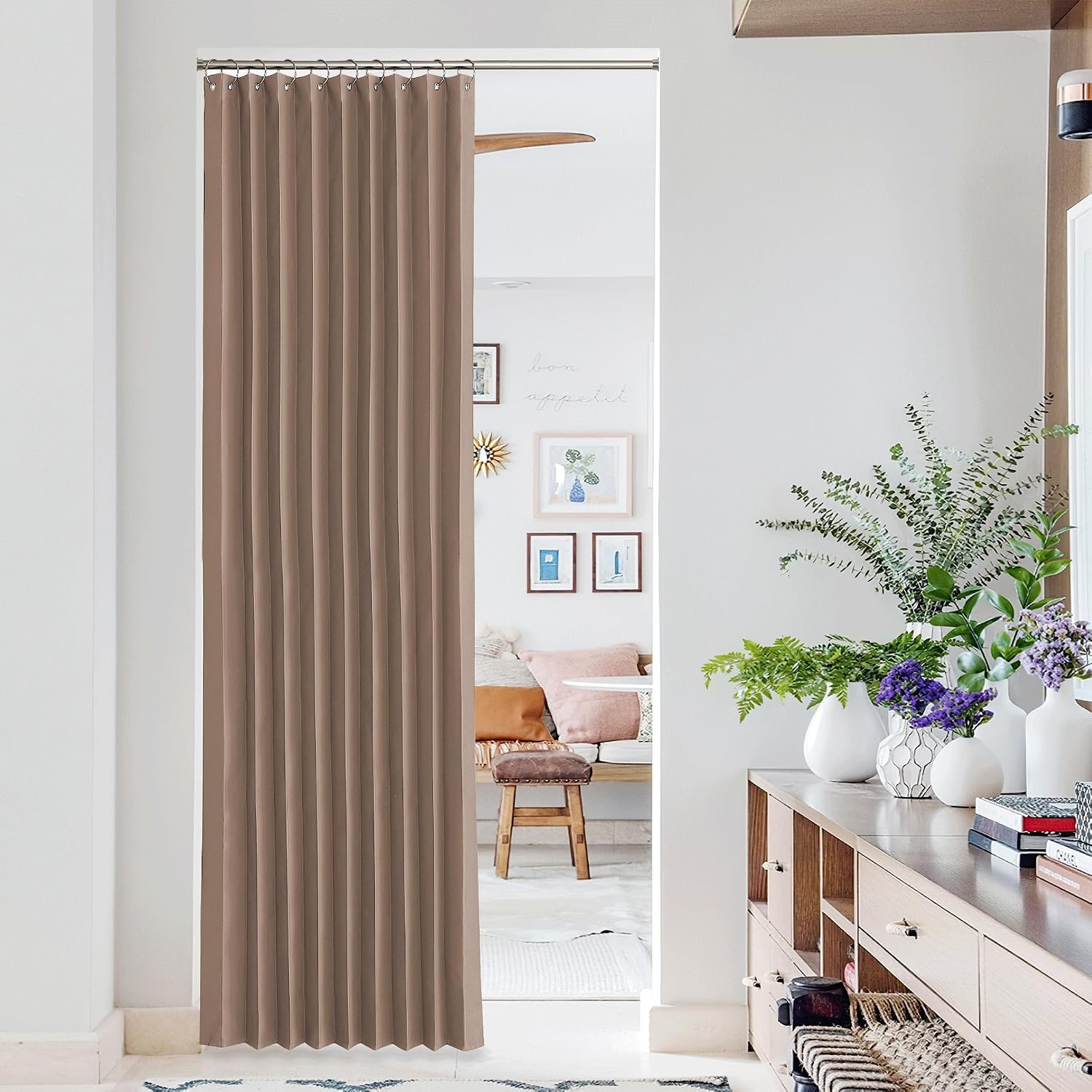image:imageNICETOWN Linen Curtains for Bedroom Living Room Sheer Door Curtains amp Drapes 80 inches Length for Doorway Farmhouse Country Accordion Style Curtain for Sliding Glass Door 38 Wide Angora 1 PanelCappuccino