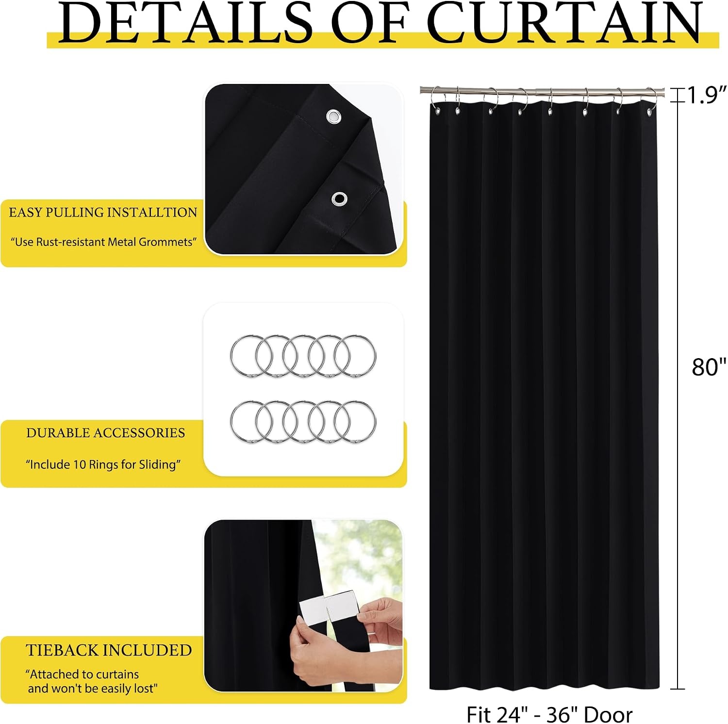 image:imageNICETOWN Linen Curtains for Bedroom Living Room Sheer Door Curtains amp Drapes 80 inches Length for Doorway Farmhouse Country Accordion Style Curtain for Sliding Glass Door 38 Wide Angora 1 PanelBlack