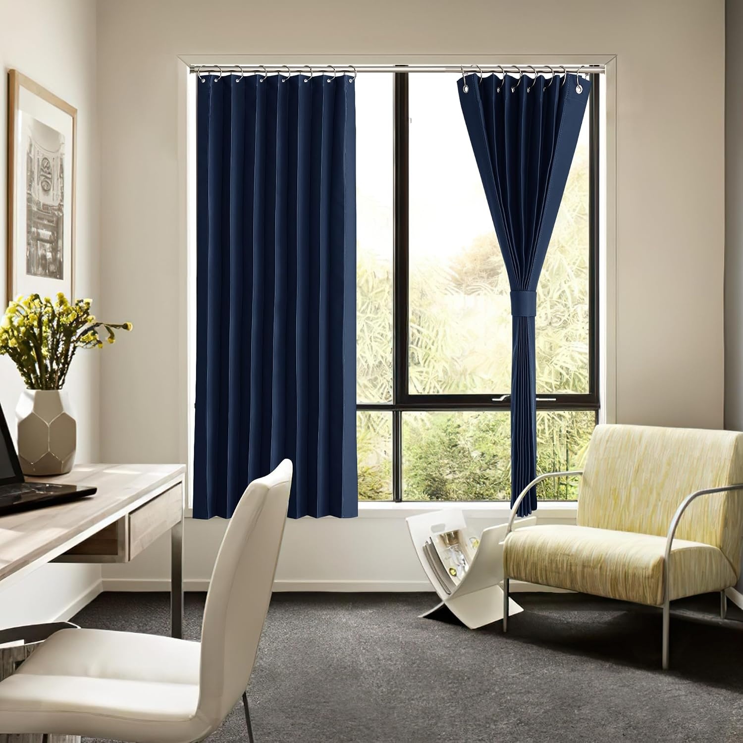 image:imageNICETOWN Linen Curtains for Bedroom Living Room Sheer Door Curtains amp Drapes 80 inches Length for Doorway Farmhouse Country Accordion Style Curtain for Sliding Glass Door 38 Wide Angora 1 PanelNavy