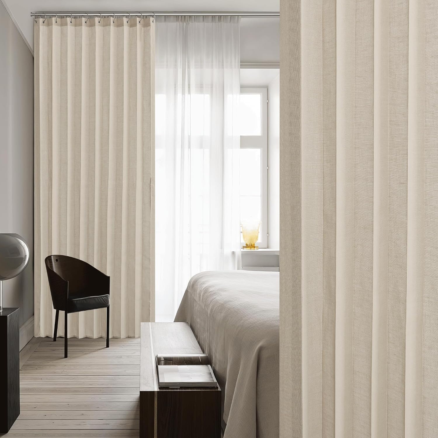 image:imageNICETOWN Linen Curtains for Bedroom Living Room Sheer Door Curtains amp Drapes 80 inches Length for Doorway Farmhouse Country Accordion Style Curtain for Sliding Glass Door 38 Wide Angora 1 PanelAngora