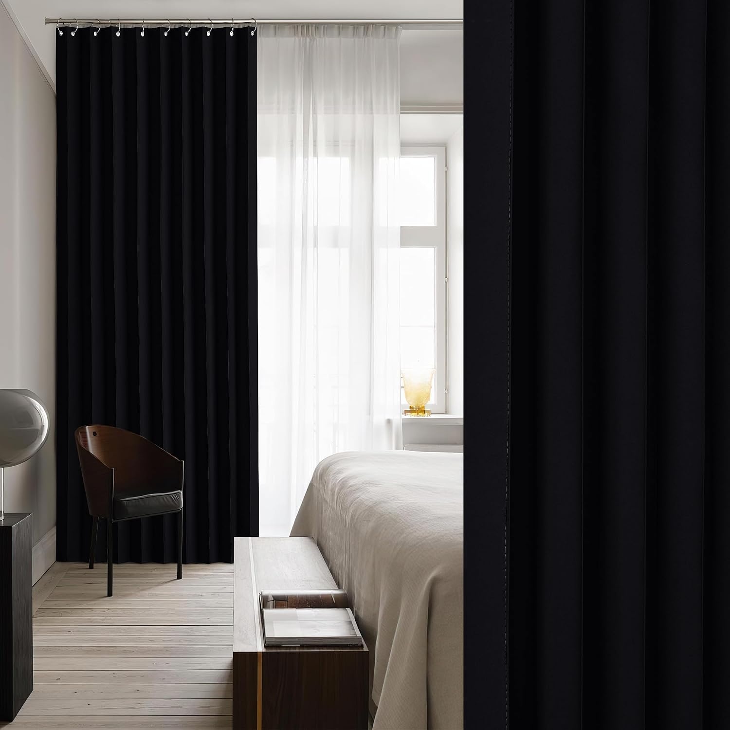 image:imageNICETOWN Linen Curtains for Bedroom Living Room Sheer Door Curtains amp Drapes 80 inches Length for Doorway Farmhouse Country Accordion Style Curtain for Sliding Glass Door 38 Wide Angora 1 PanelBlack