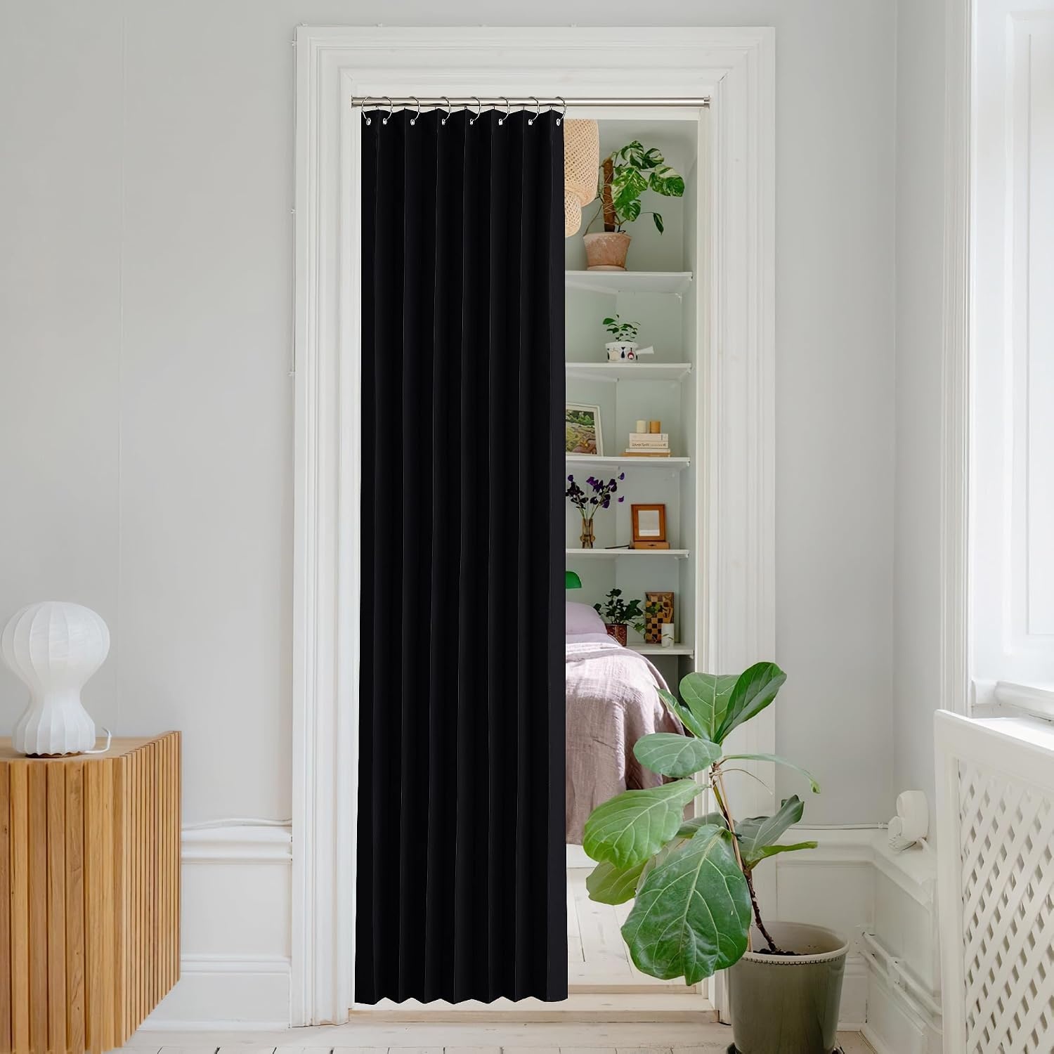 image:imageNICETOWN Linen Curtains for Bedroom Living Room Sheer Door Curtains amp Drapes 80 inches Length for Doorway Farmhouse Country Accordion Style Curtain for Sliding Glass Door 38 Wide Angora 1 PanelBlack