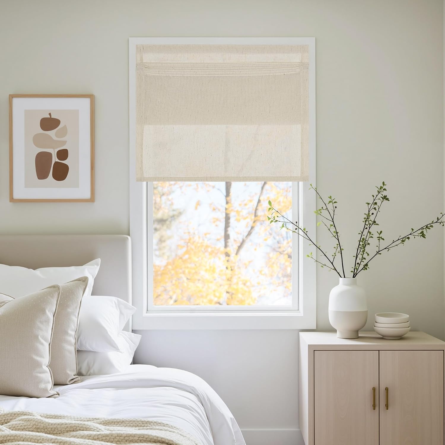 image:imageNICETOWN Linen Farmhouse French Door Curtain No Drill Blinds for Windows Ivory Solid Cordless Blinds for Farmhouse Door Window Covering with Light Filgtering W24 x L48 1PcNatural