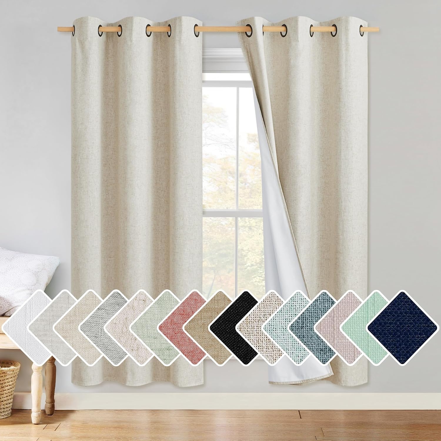 image:imageNICETOWN Natural Linen Complete Blackout Curtain 54 inches for Kids Room 1 Panel Thermal Insulated amp Noise Reducing Window Draperies with White Liner Noise Reducing Short DrapeNatural