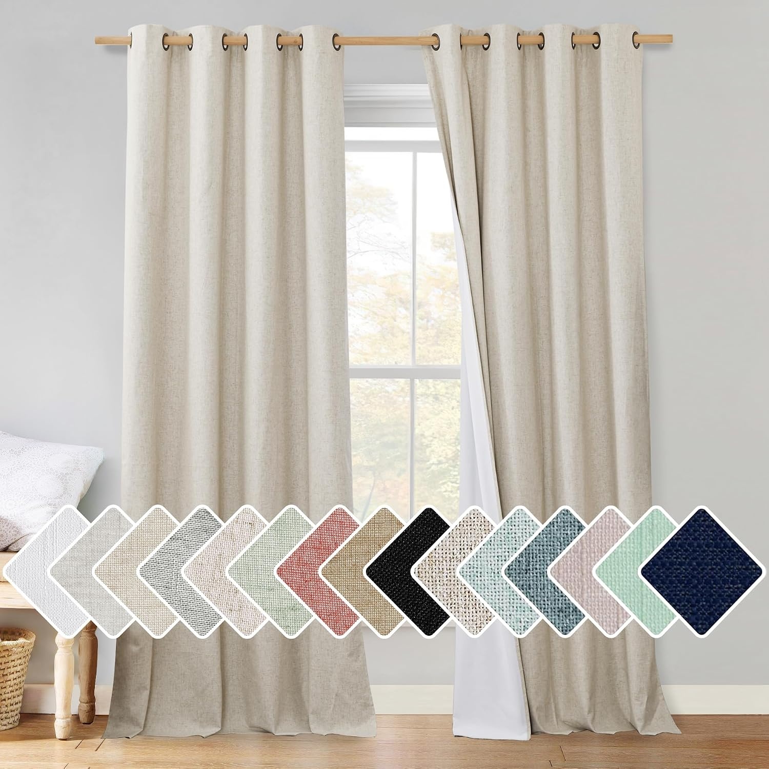 image:imageNICETOWN Natural Linen Complete Blackout Curtain 54 inches for Kids Room 1 Panel Thermal Insulated amp Noise Reducing Window Draperies with White Liner Noise Reducing Short DrapeNatural