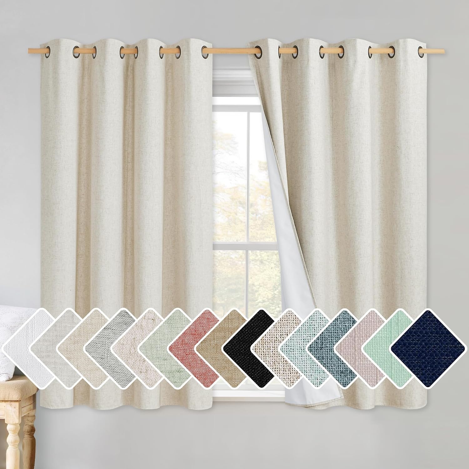 image:imageNICETOWN Natural Linen Complete Blackout Curtain 54 inches for Kids Room 1 Panel Thermal Insulated amp Noise Reducing Window Draperies with White Liner Noise Reducing Short DrapeNatural
