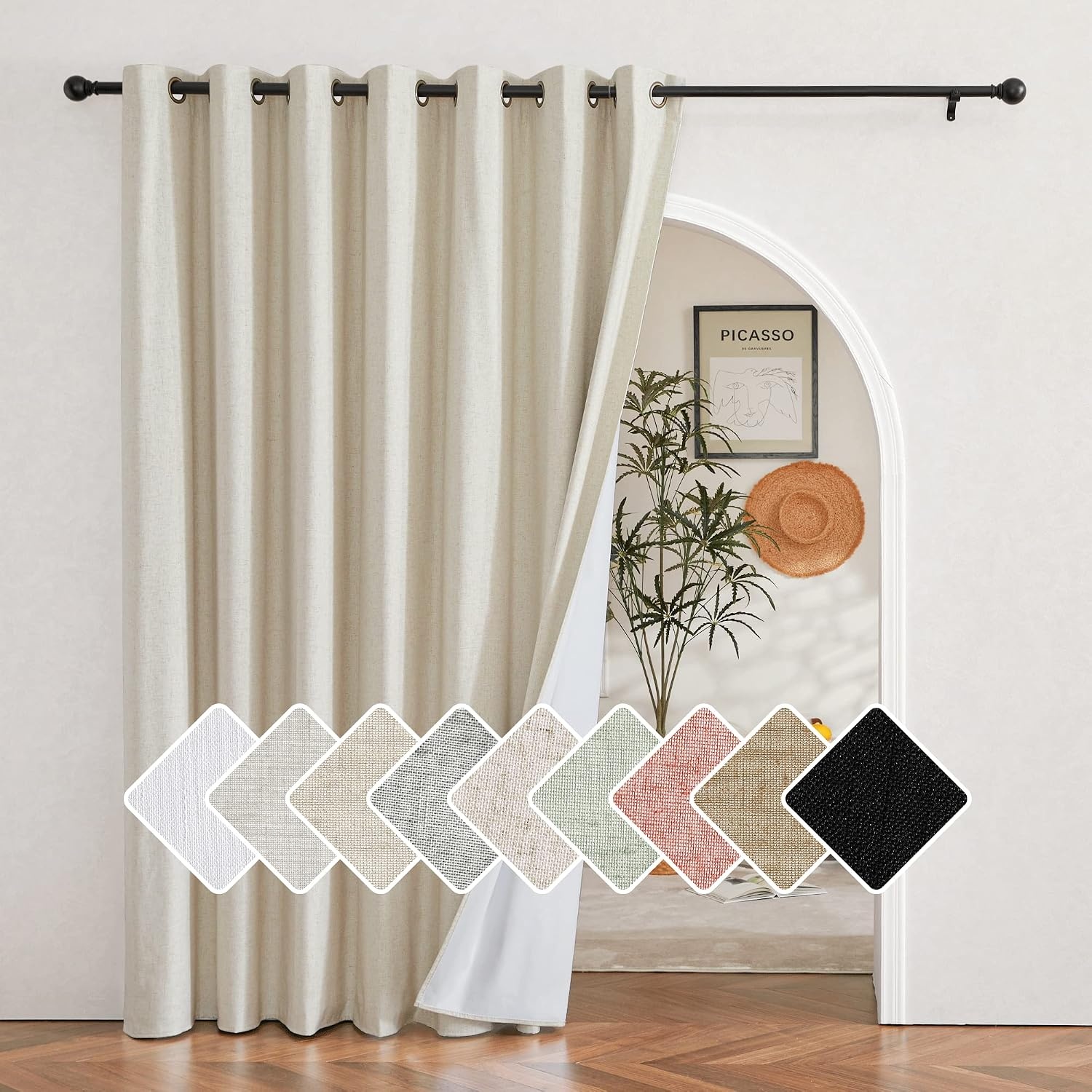 image:imageNICETOWN Natural Linen Complete Blackout Curtain 54 inches for Kids Room 1 Panel Thermal Insulated amp Noise Reducing Window Draperies with White Liner Noise Reducing Short DrapeNatural