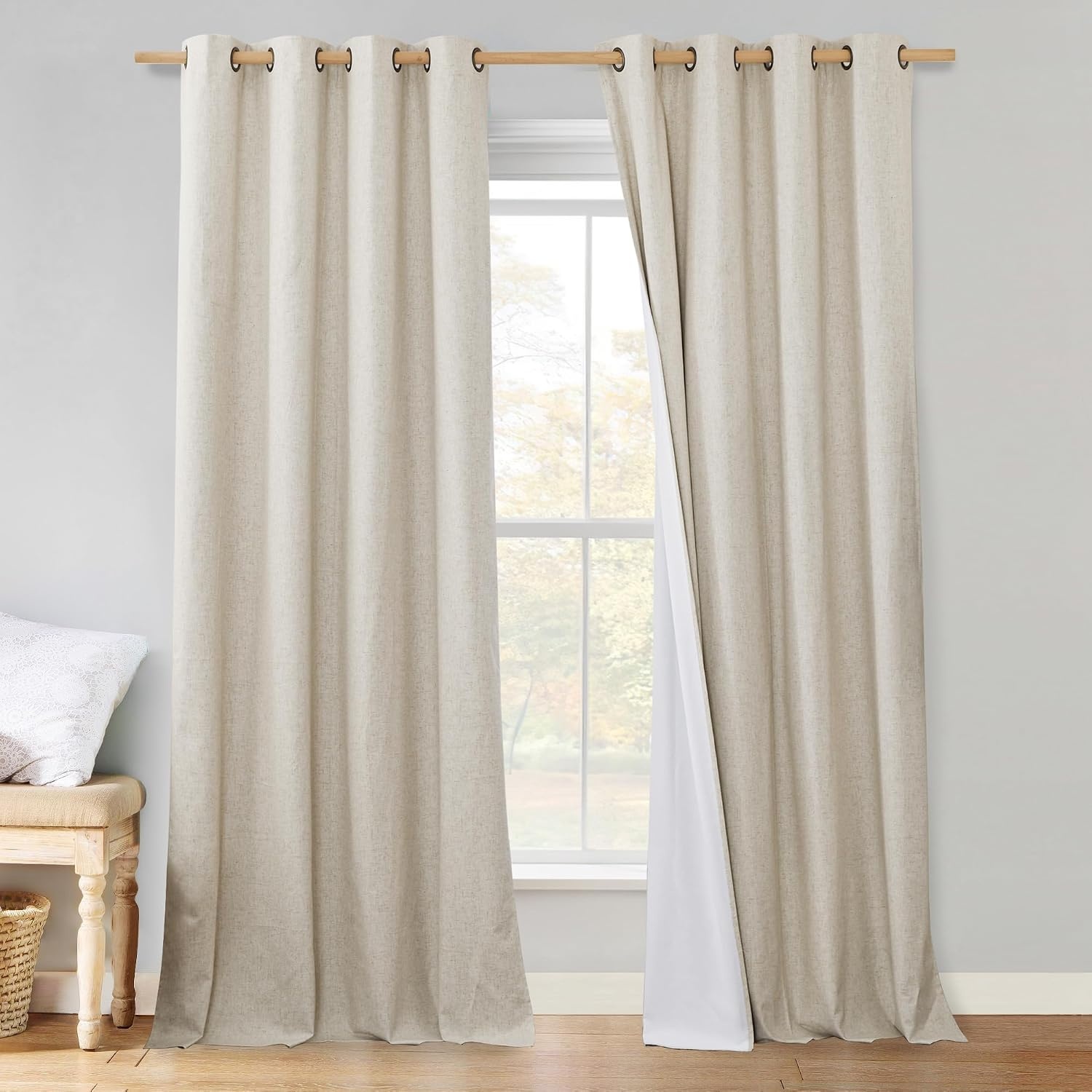 image:imageNICETOWN Natural Linen Complete Blackout Curtain 54 inches for Kids Room 1 Panel Thermal Insulated amp Noise Reducing Window Draperies with White Liner Noise Reducing Short DrapeNatural